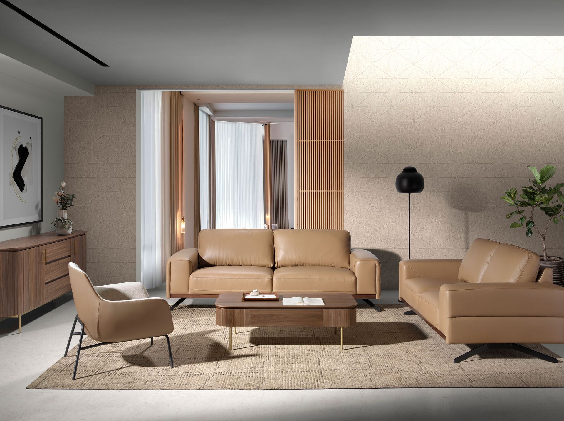 Rectangular coffee table in walnut and gold polished steel