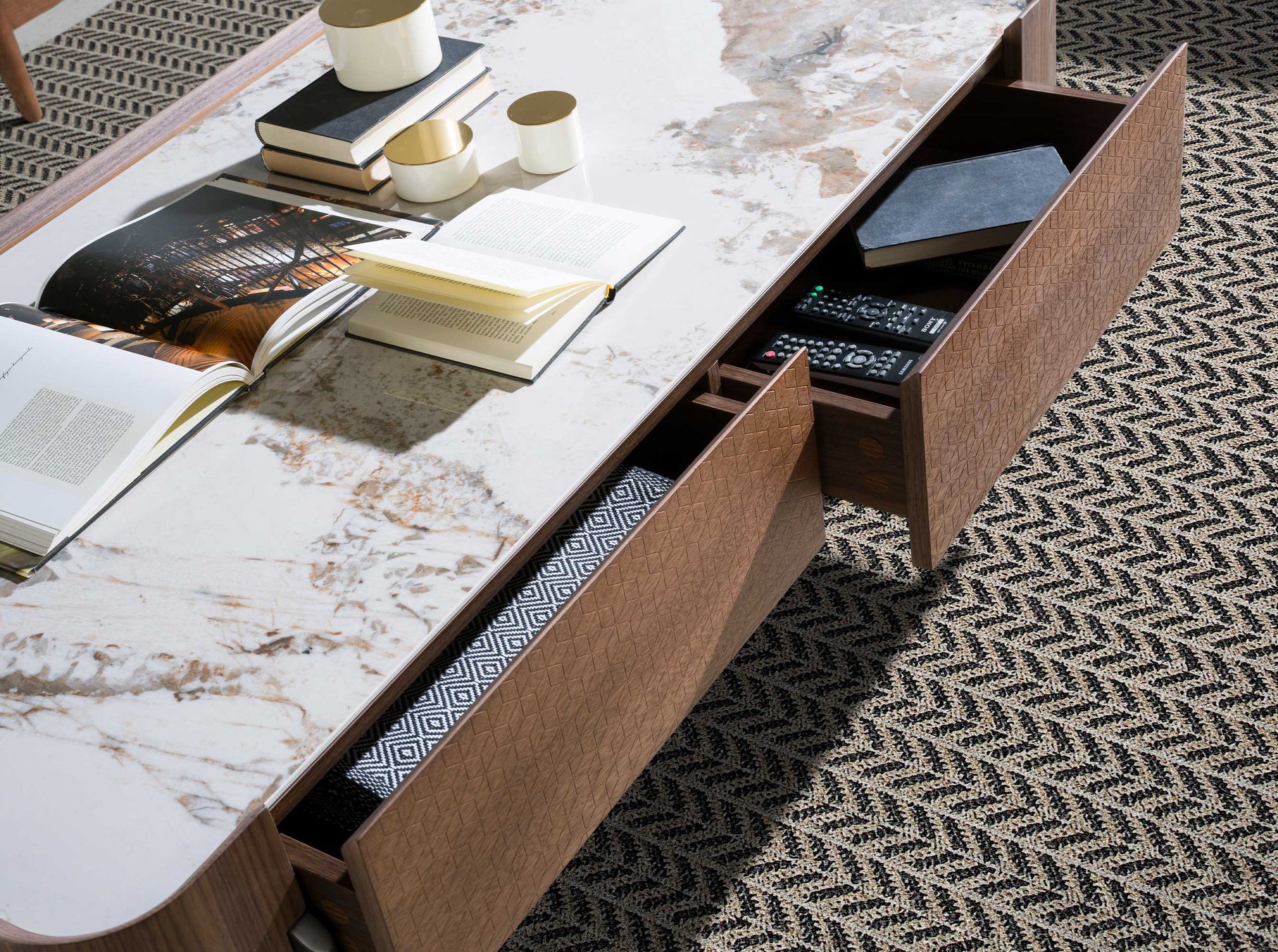 Rectangular coffee table in porcelain marble, walnut and dark metallic steel