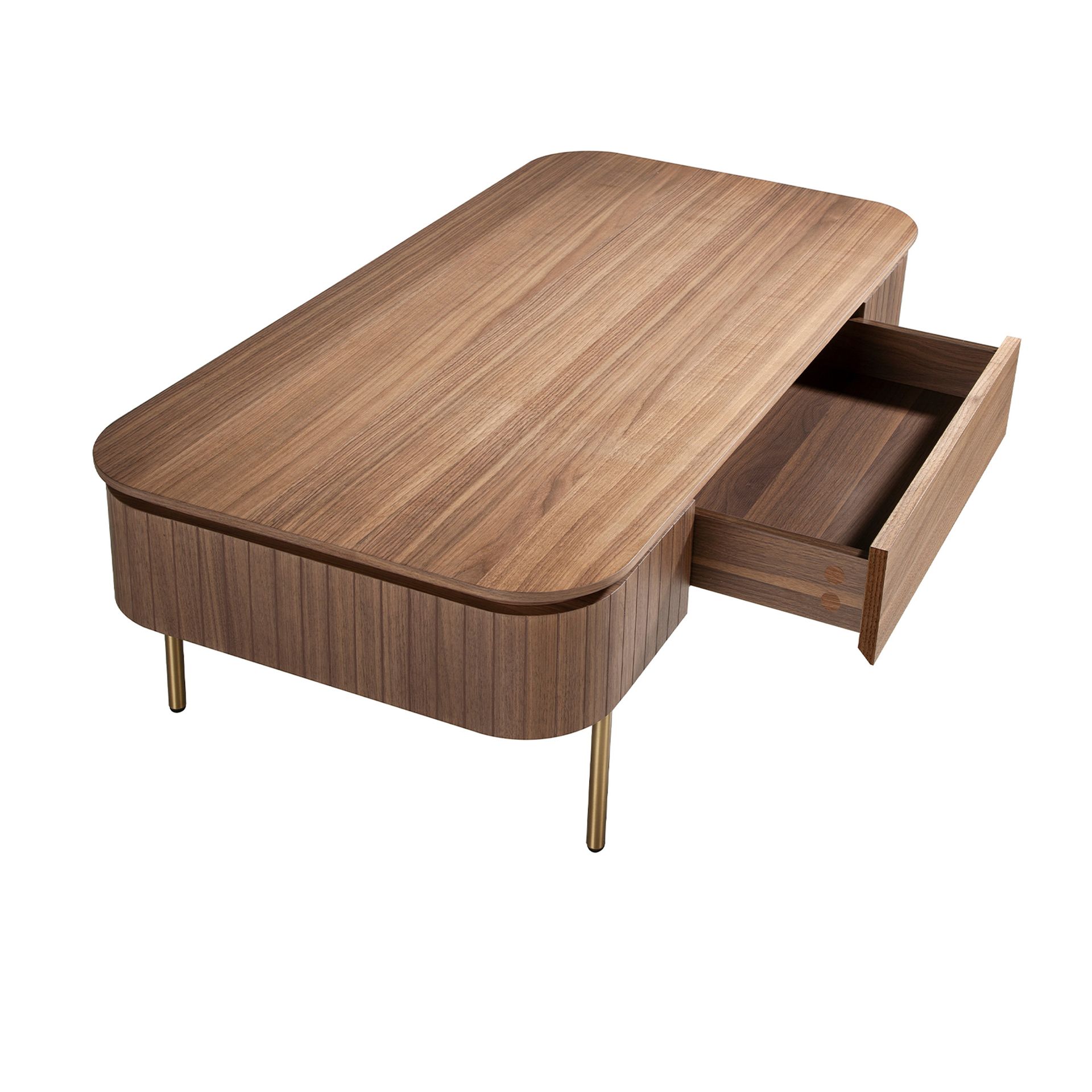 Rectangular coffee table in walnut and gold polished steel