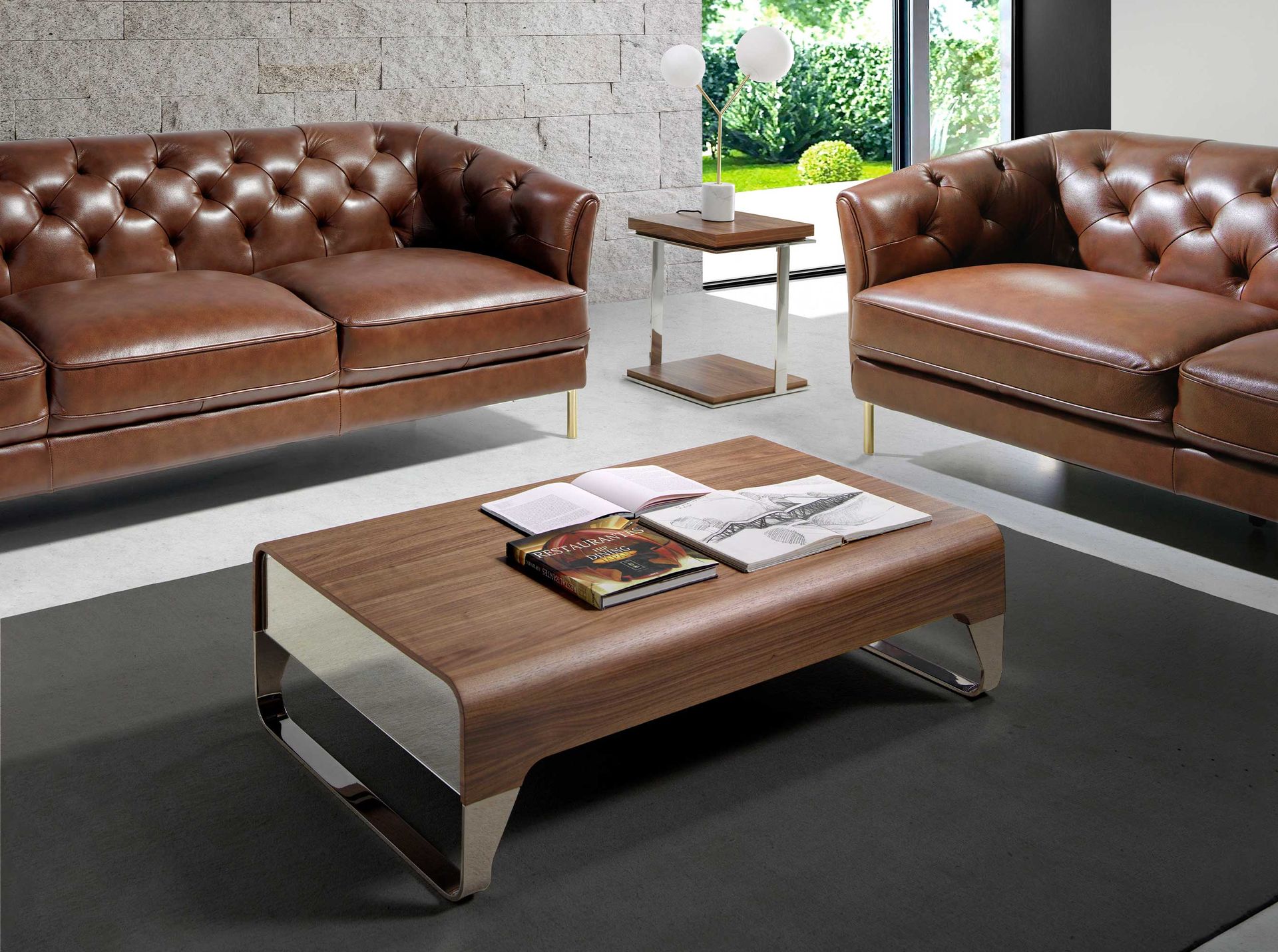 Rectangular coffee table walnut and chrome-plated steel