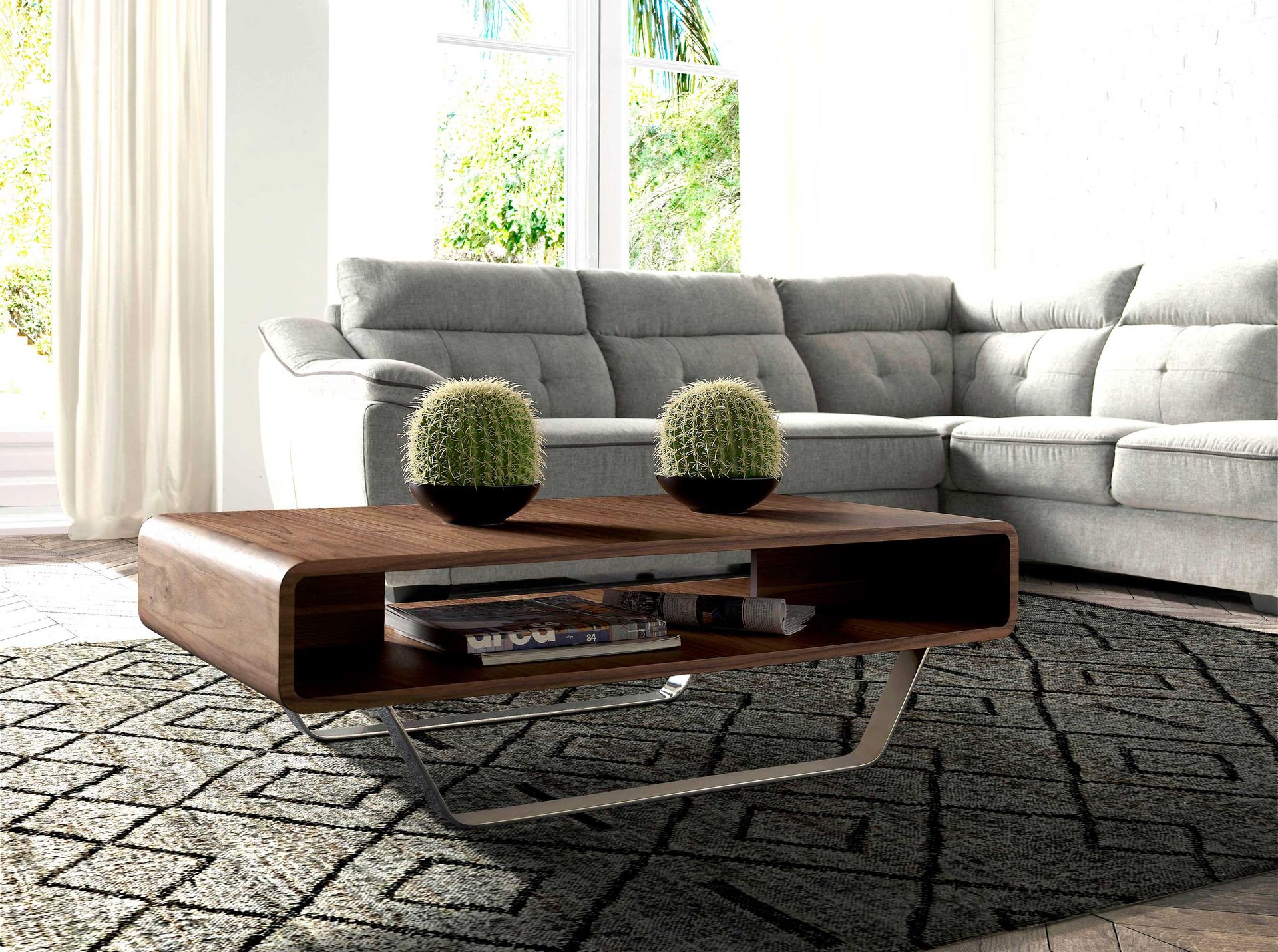 Rectangular coffee table walnut and chrome-plated steel