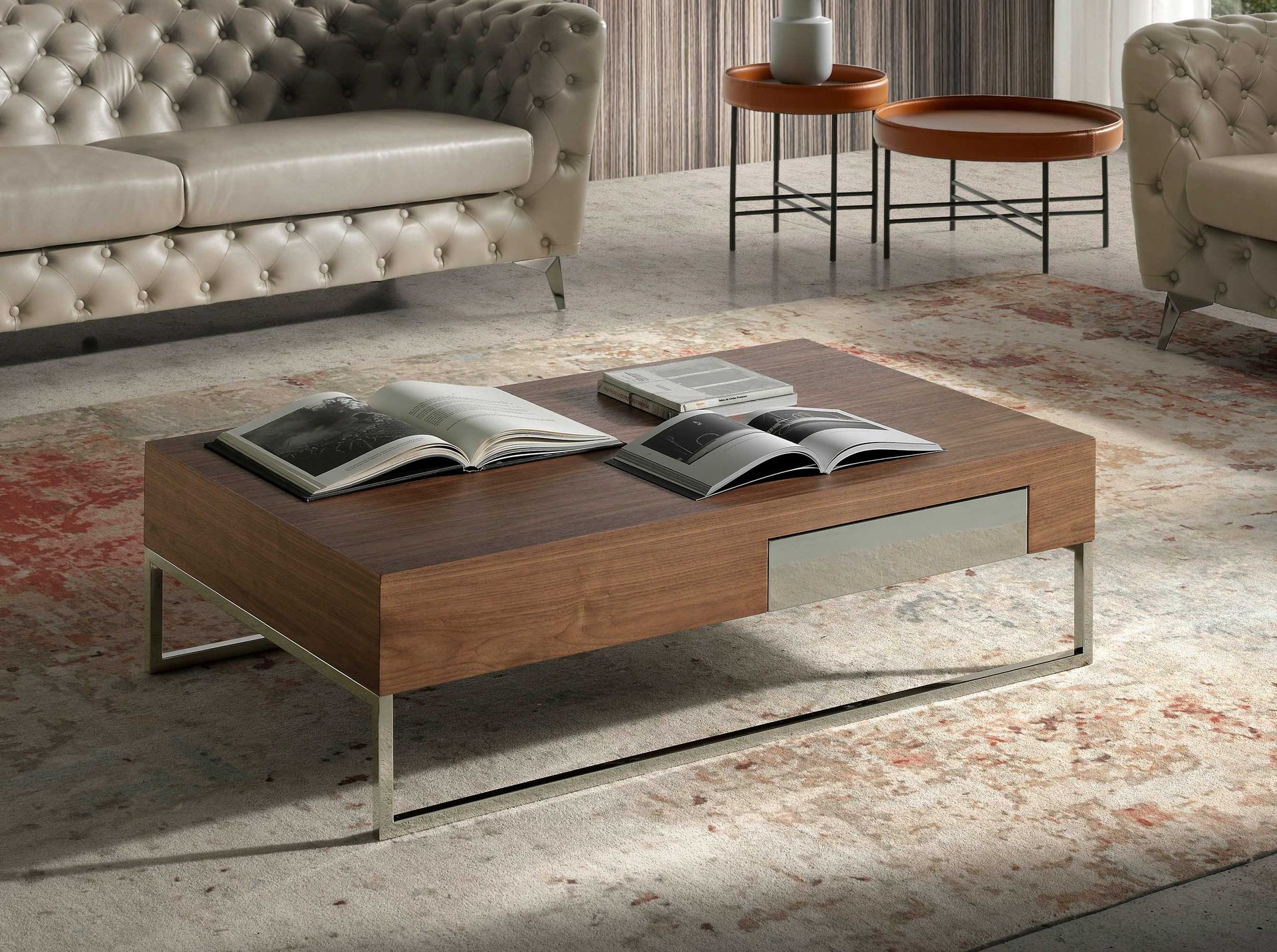 Rectangular coffee table walnut and chrome-plated steel