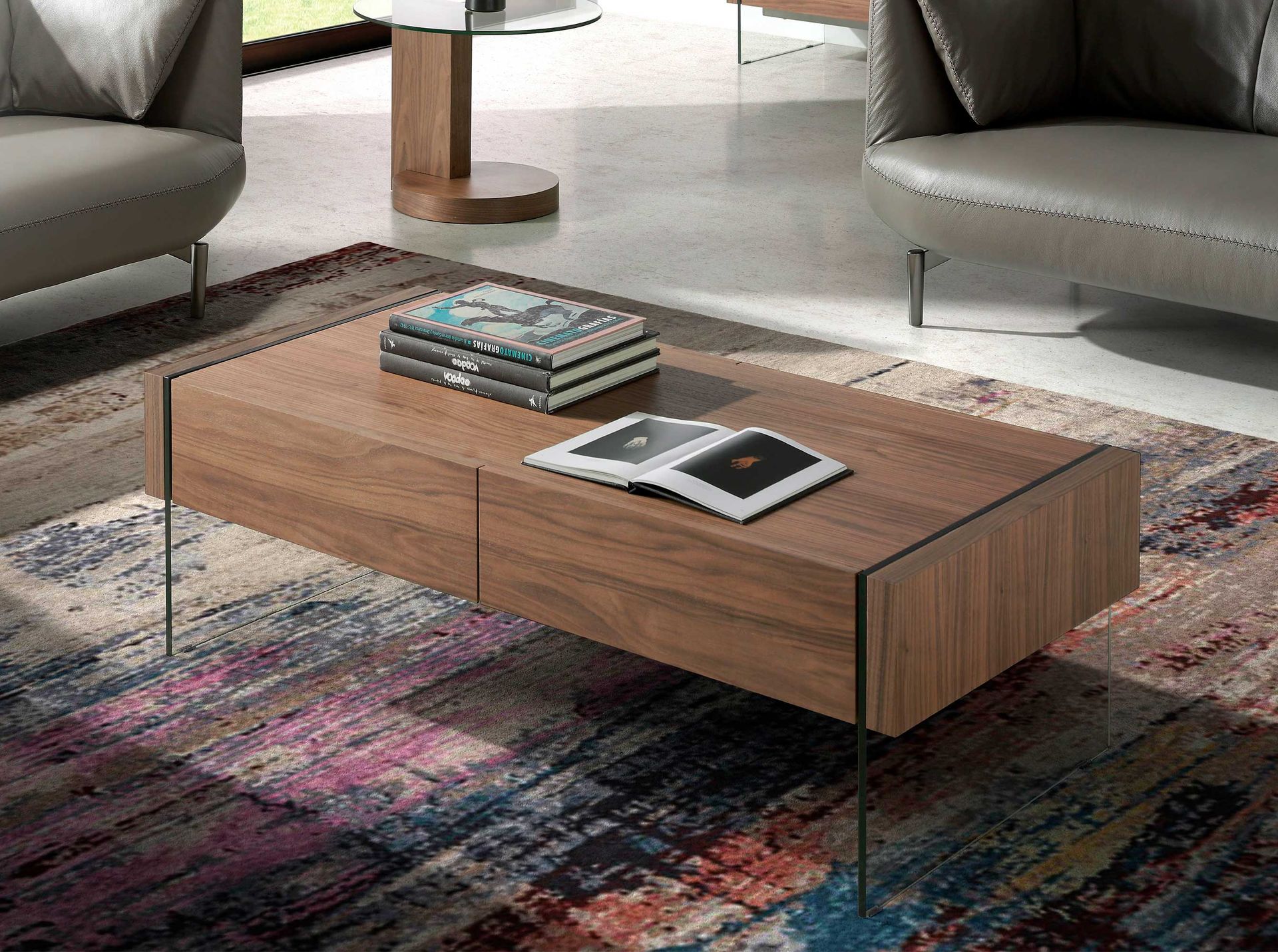 Rectangular coffee table walnut and tempered glass