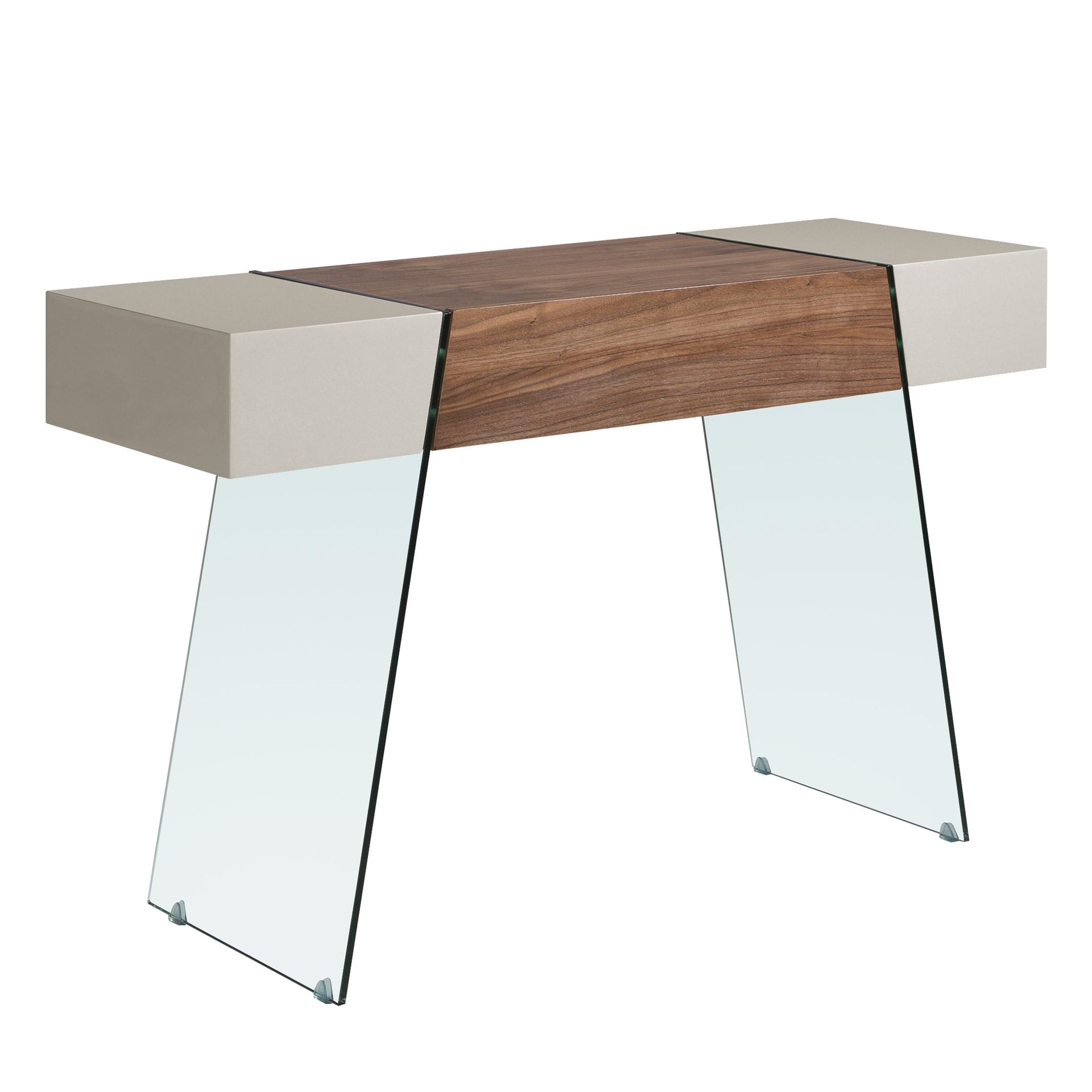 Rectangular console table grey wood, walnut and tempered glass