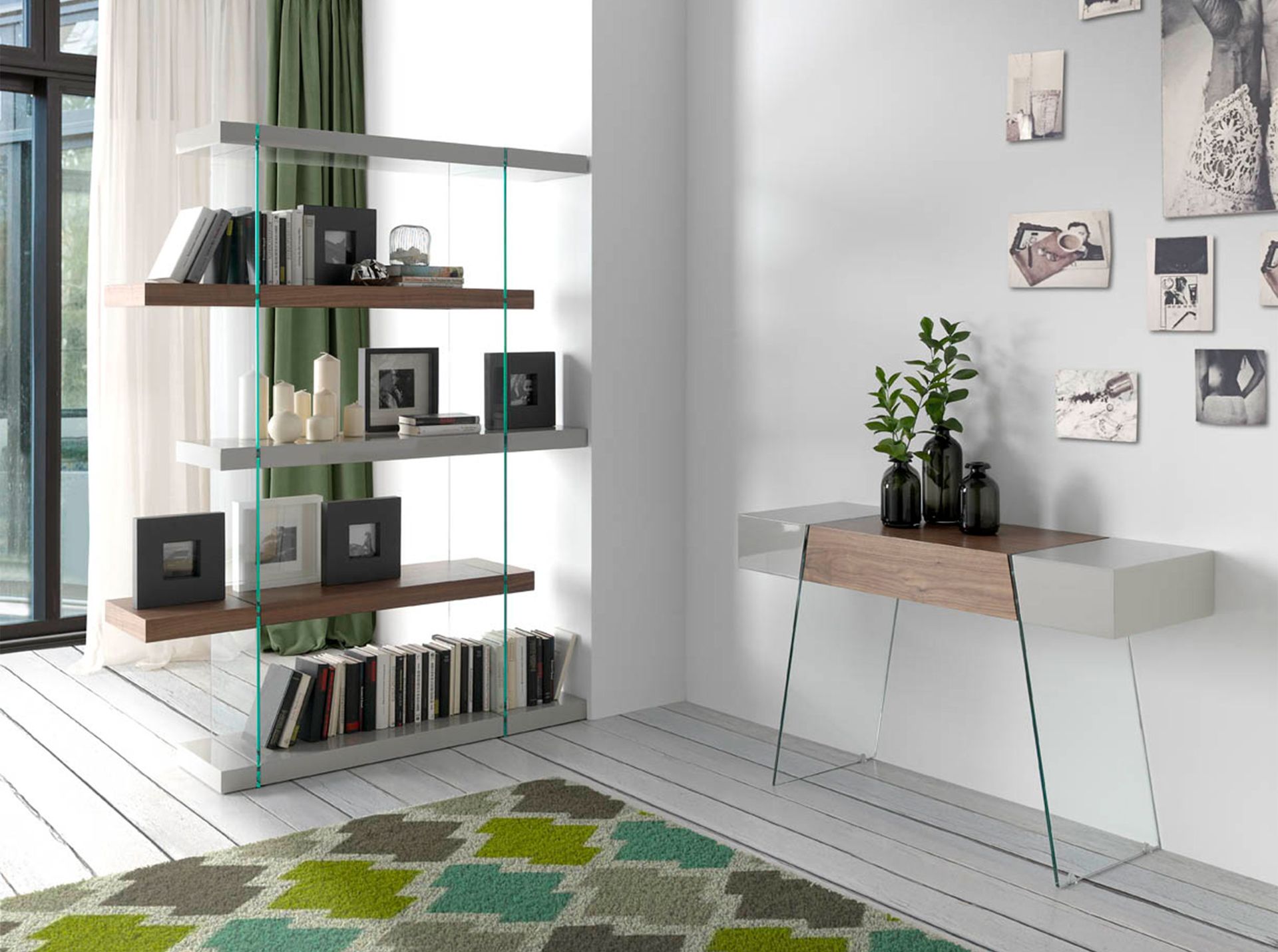 Rectangular console table grey wood, walnut and tempered glass