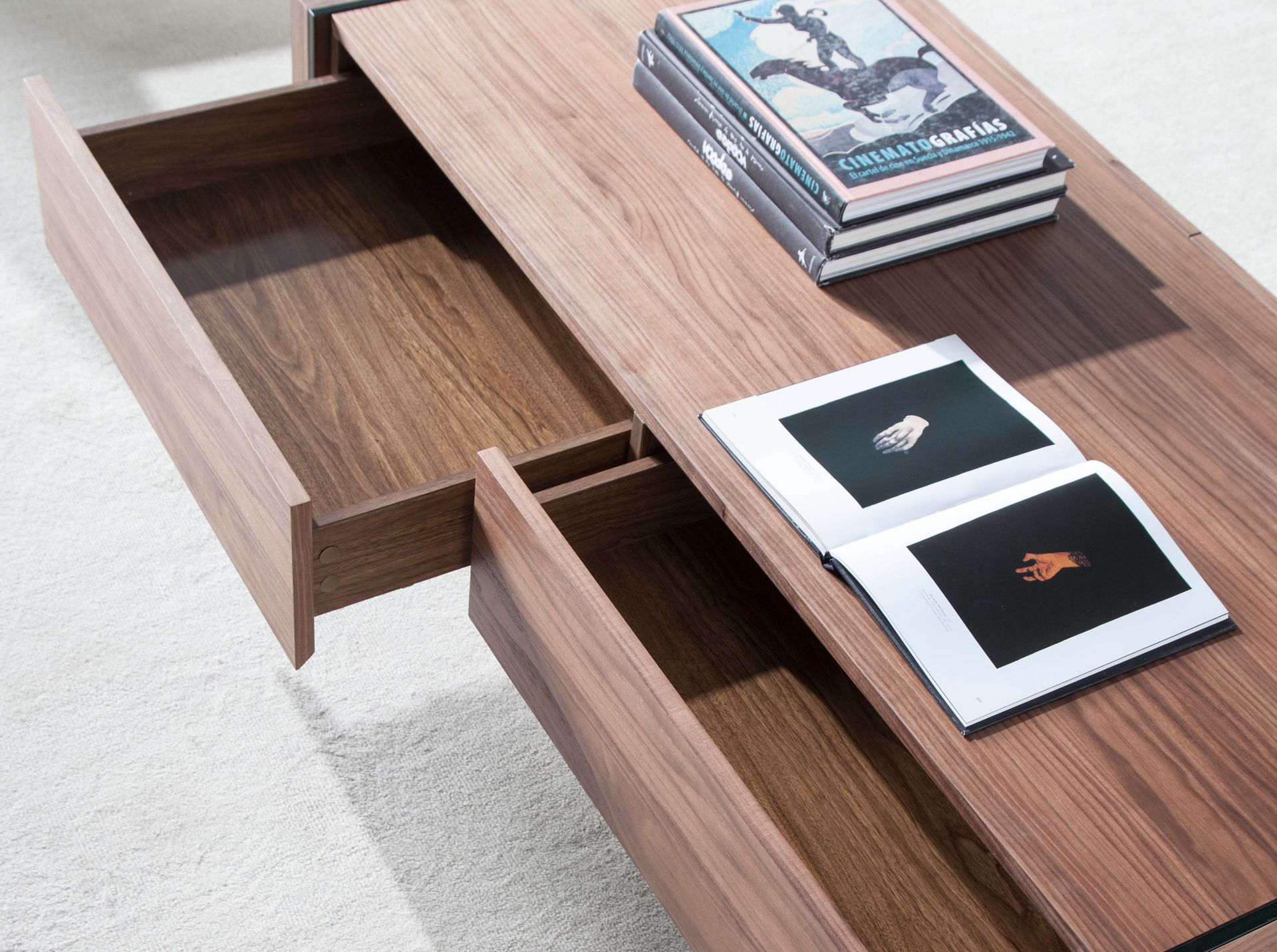 Rectangular coffee table walnut and tempered glass