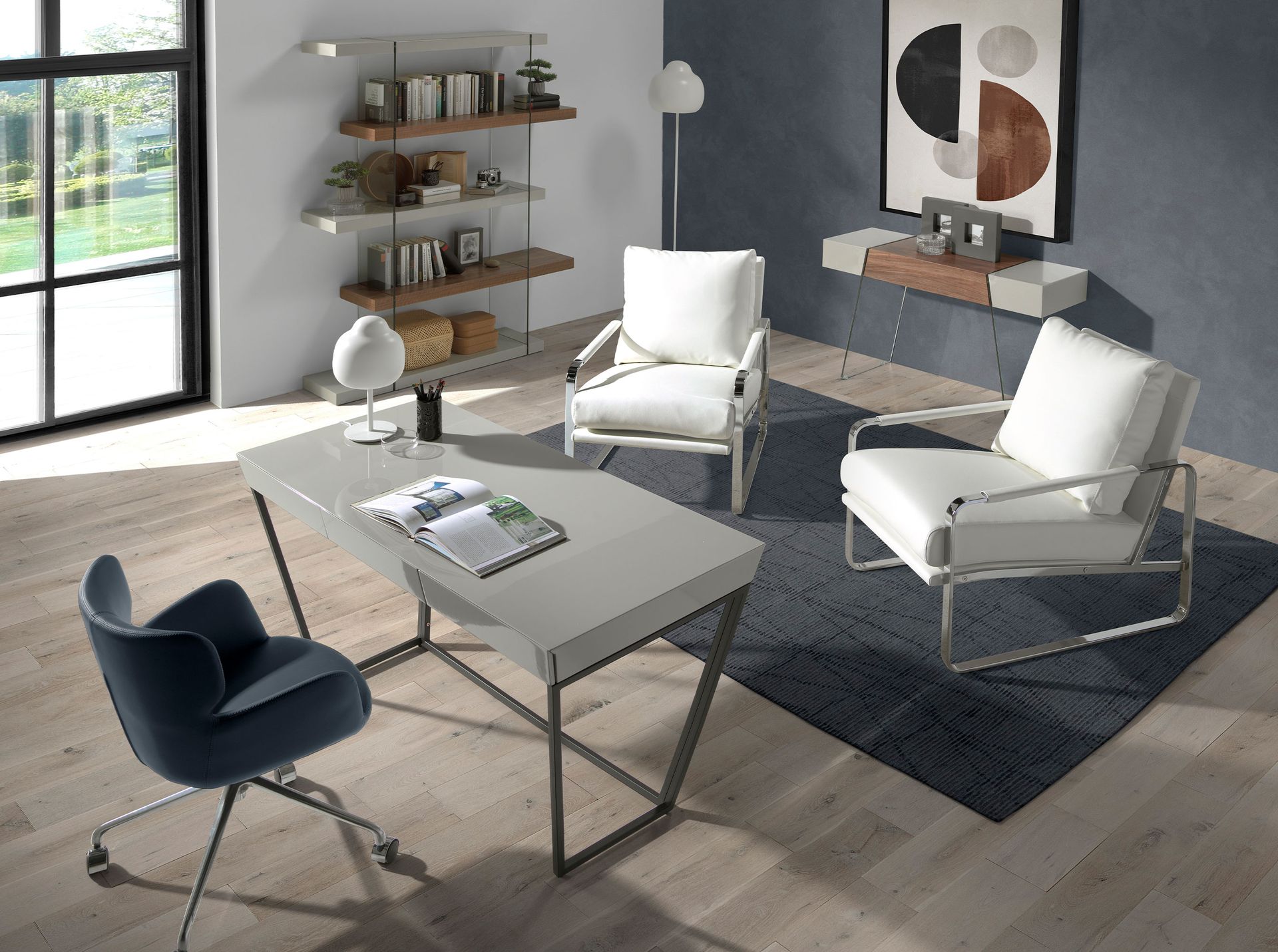 Rectangular console table grey wood, walnut and tempered glass