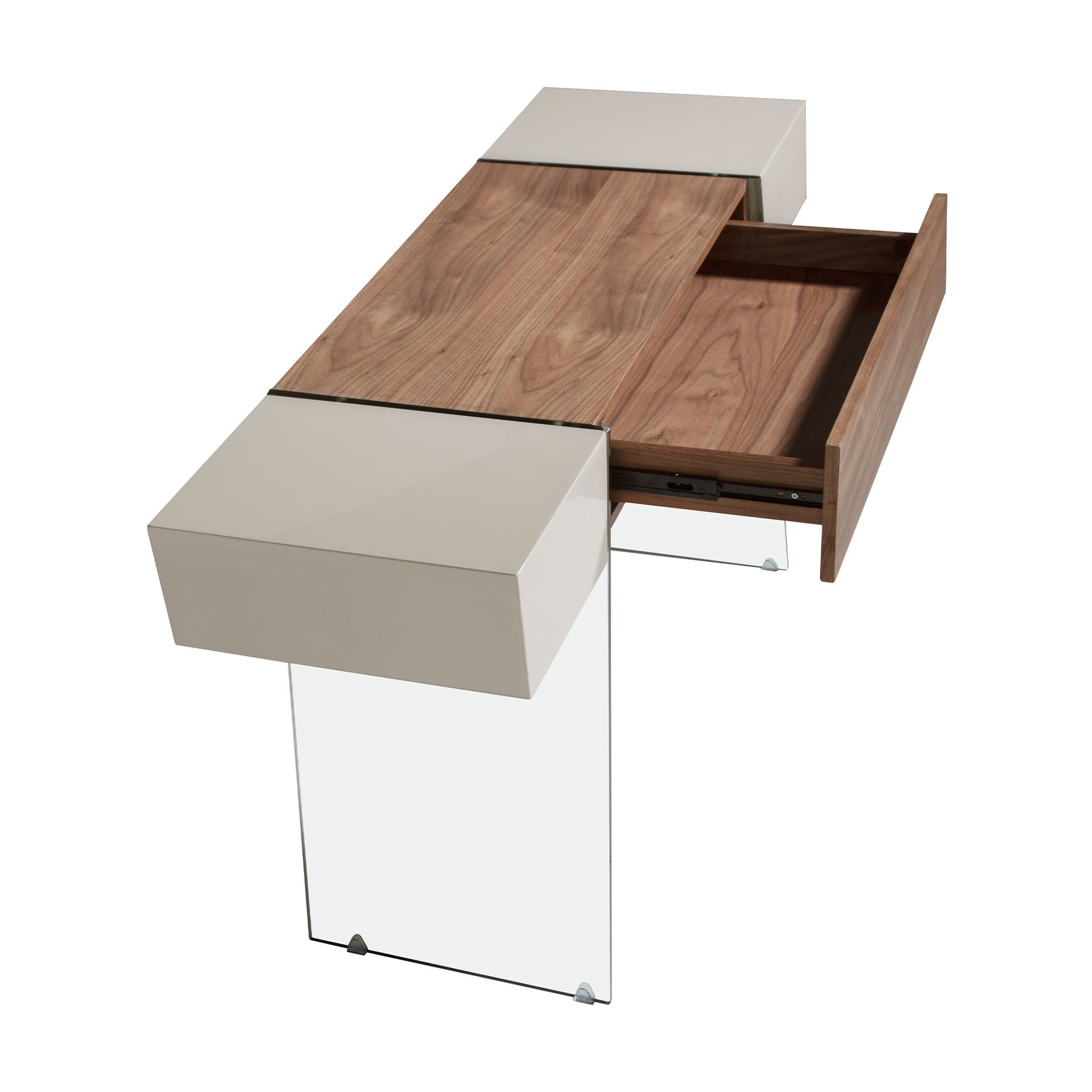 Rectangular console table grey wood, walnut and tempered glass