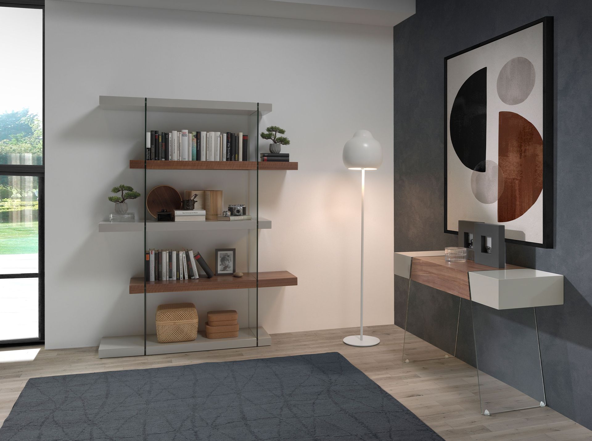 Rectangular console table grey wood, walnut and tempered glass