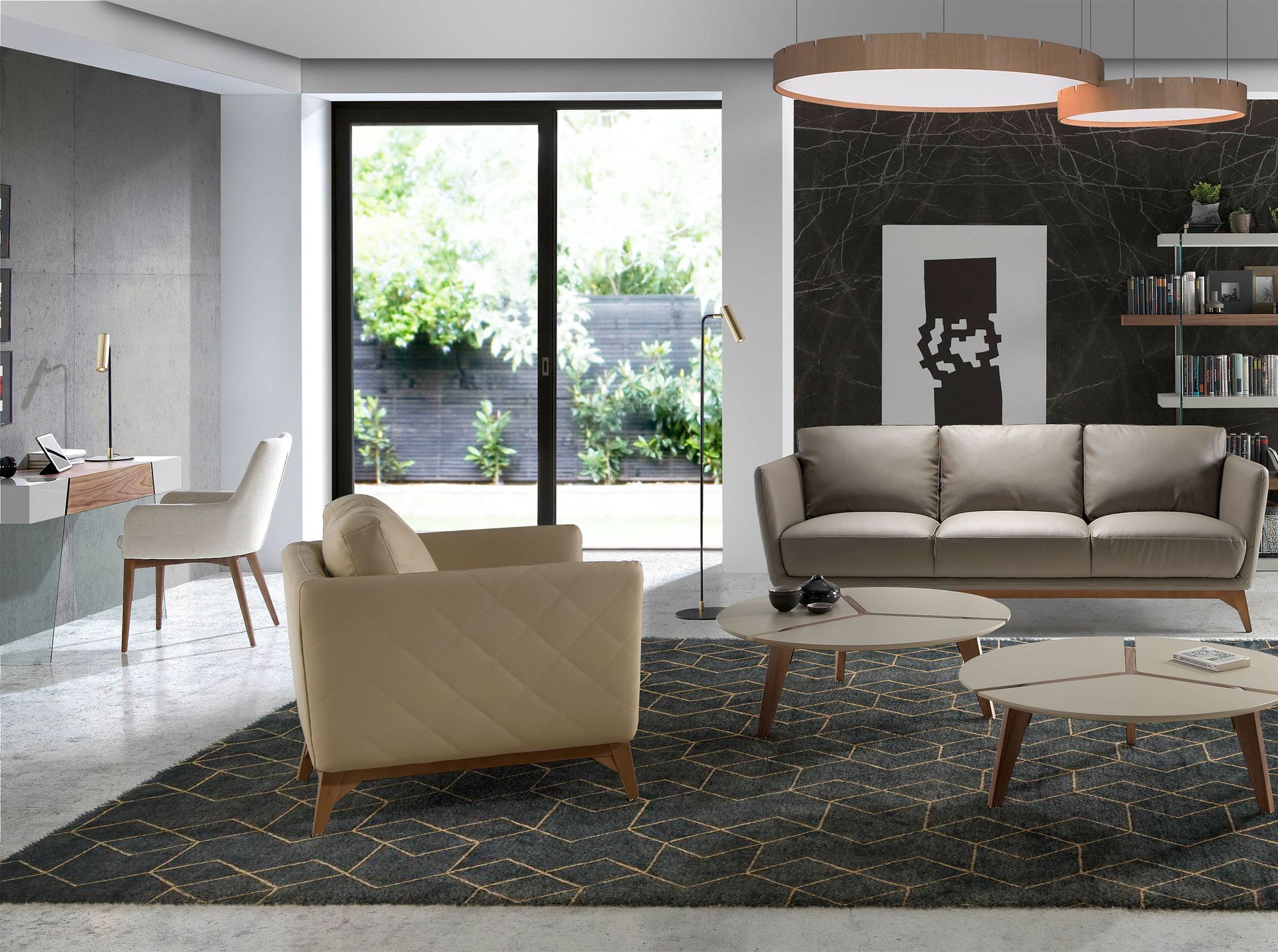 Rectangular console table grey wood, walnut and tempered glass