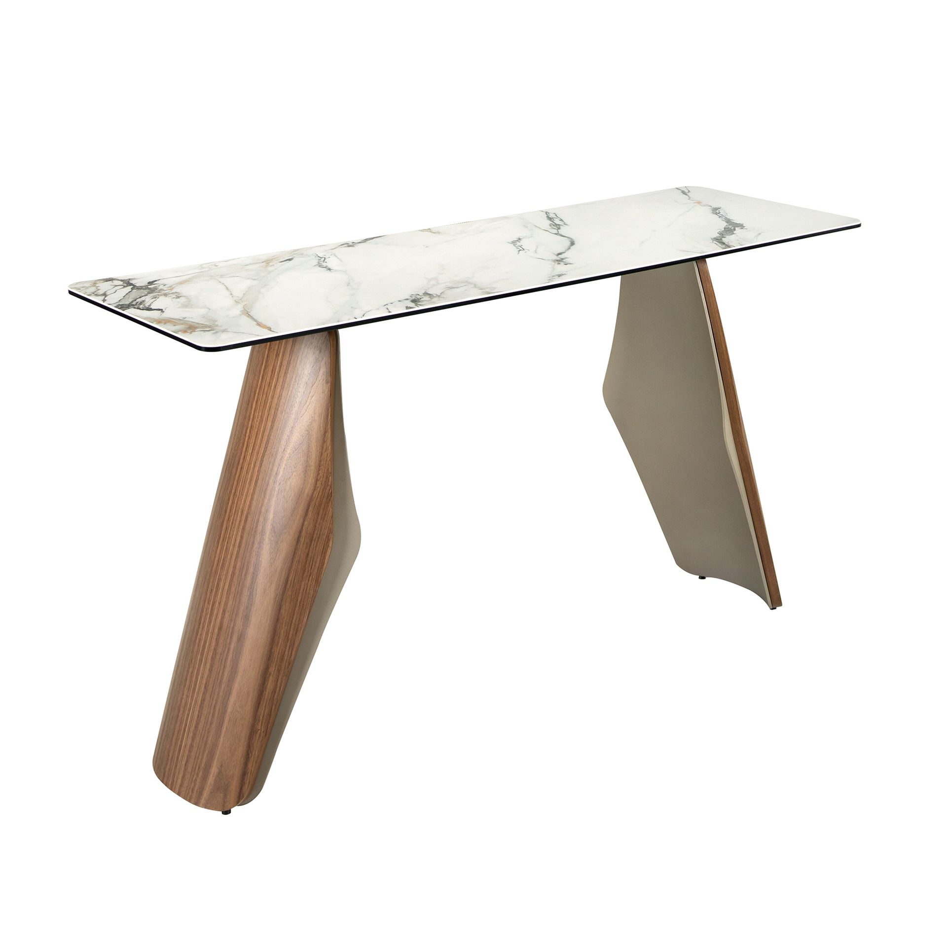Rectangular console table in porcelain marble, metallic sand steel and walnut
