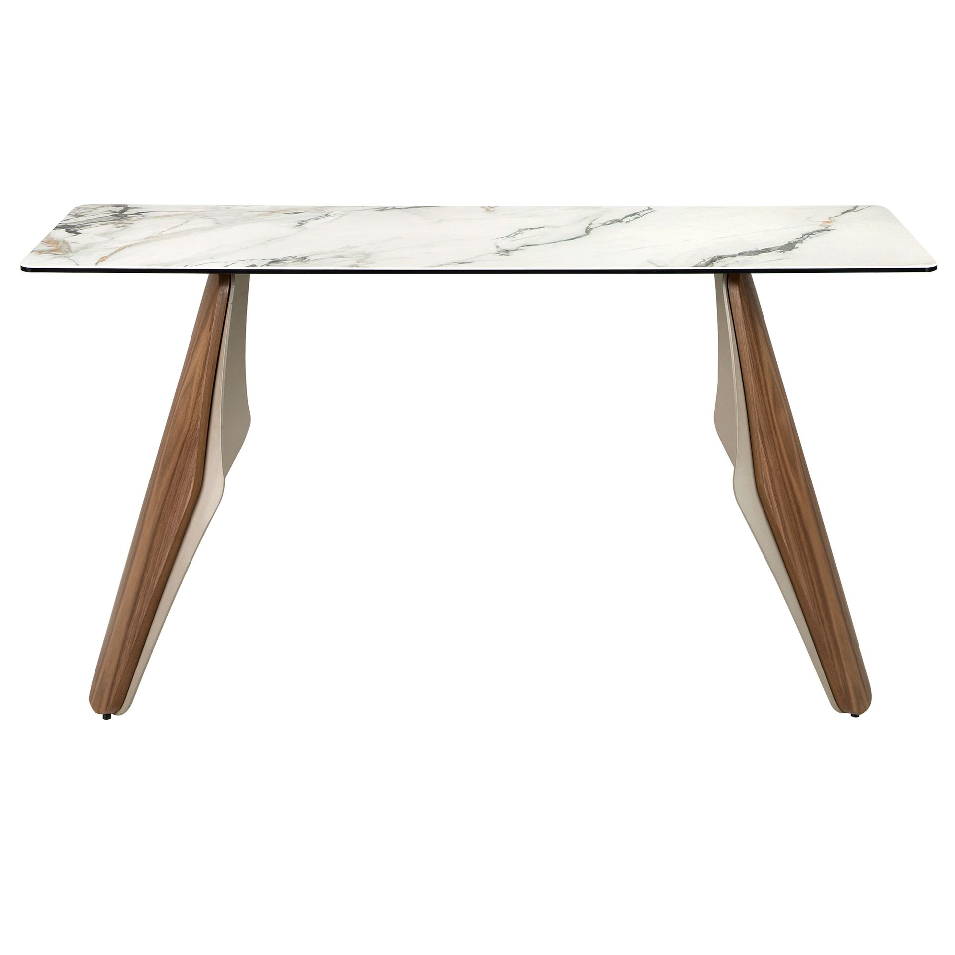 Rectangular console table in porcelain marble, metallic sand steel and walnut