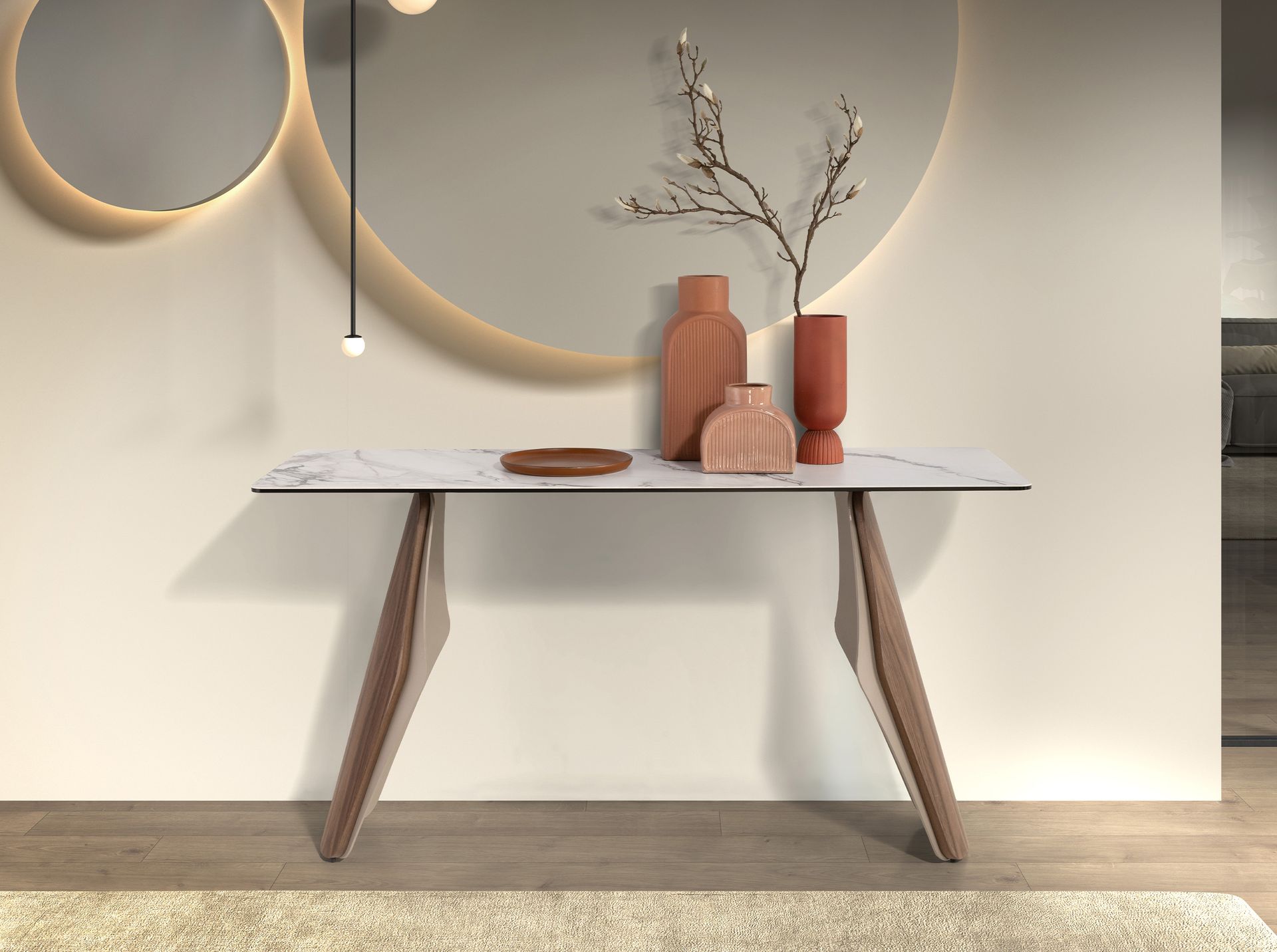 Rectangular console table in porcelain marble, metallic sand steel and walnut