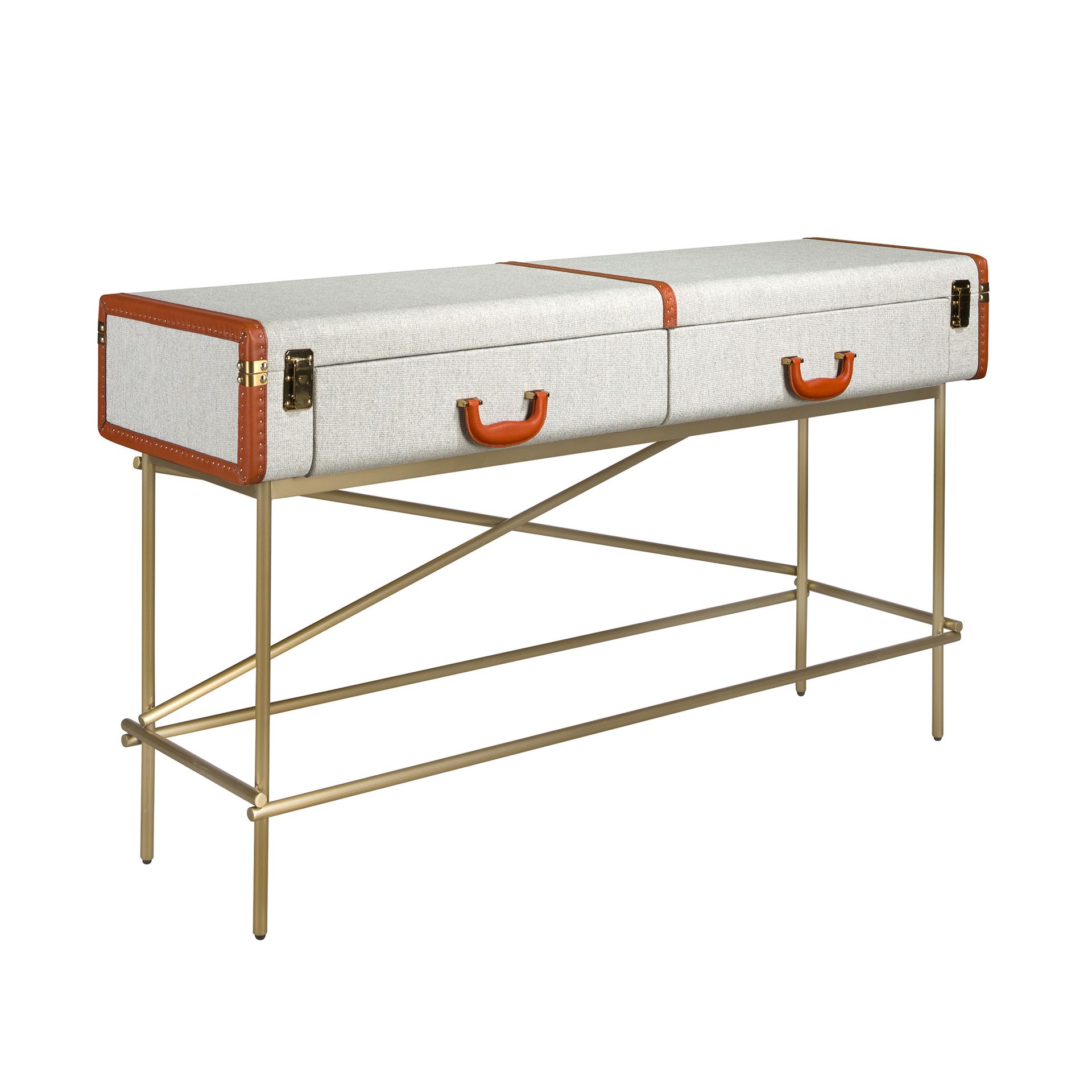 Rectangular console table, fabric, walnut and golden polished steel