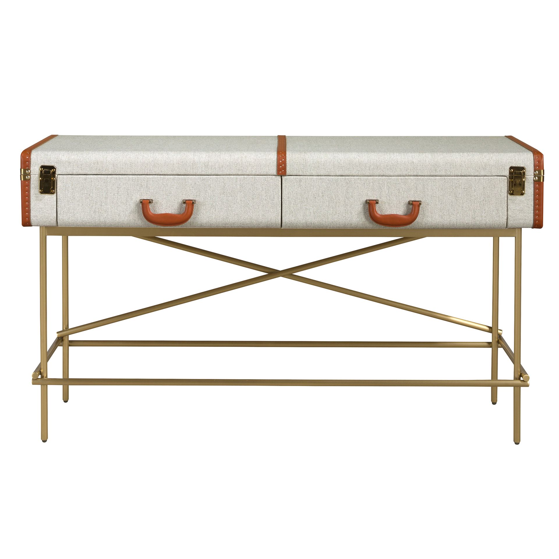Rectangular console table, fabric, walnut and golden polished steel
