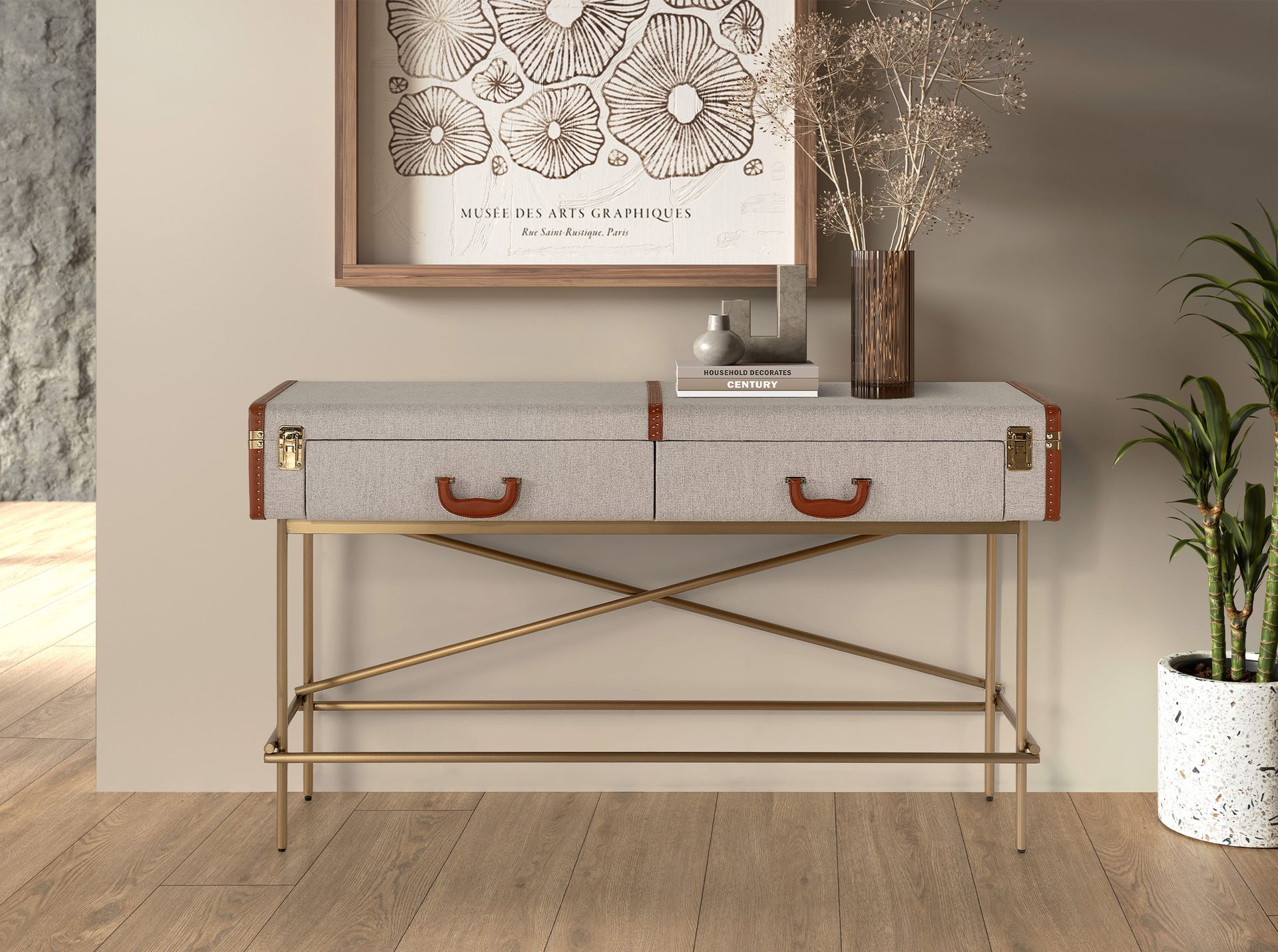 Rectangular console table, fabric, walnut and golden polished steel