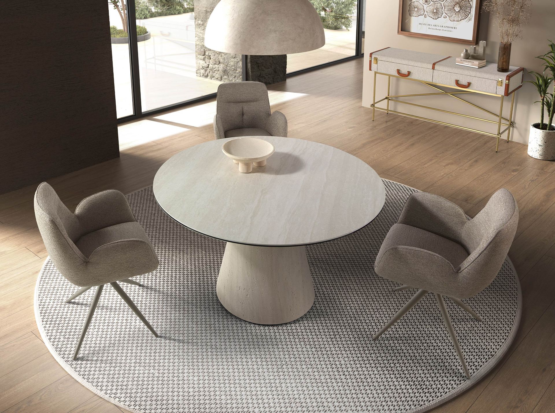 Rectangular console table, fabric, walnut and golden polished steel
