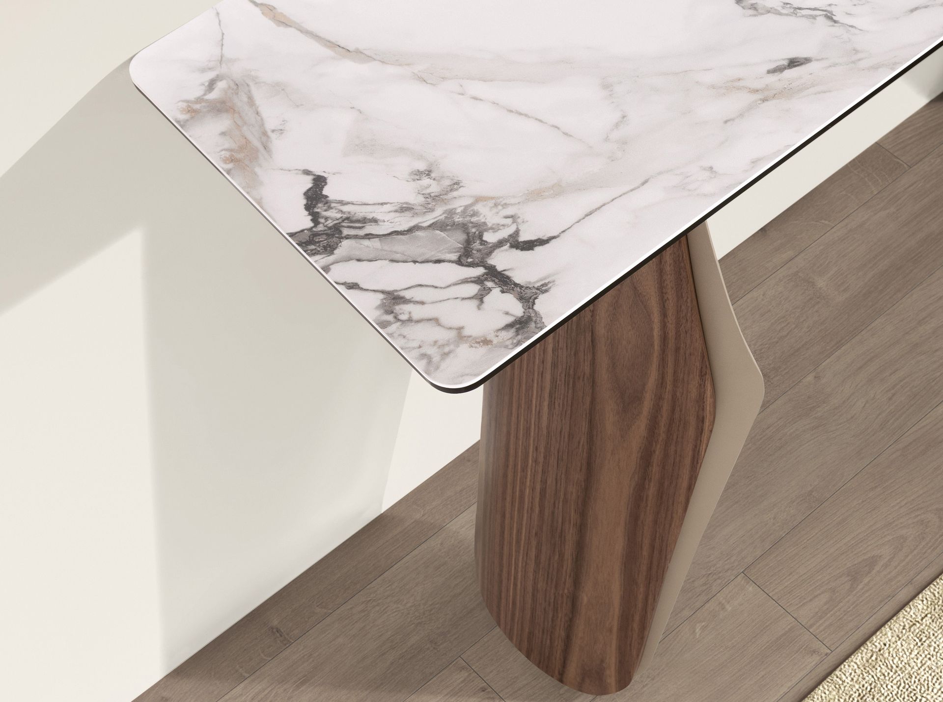 Rectangular console table in porcelain marble, metallic sand steel and walnut