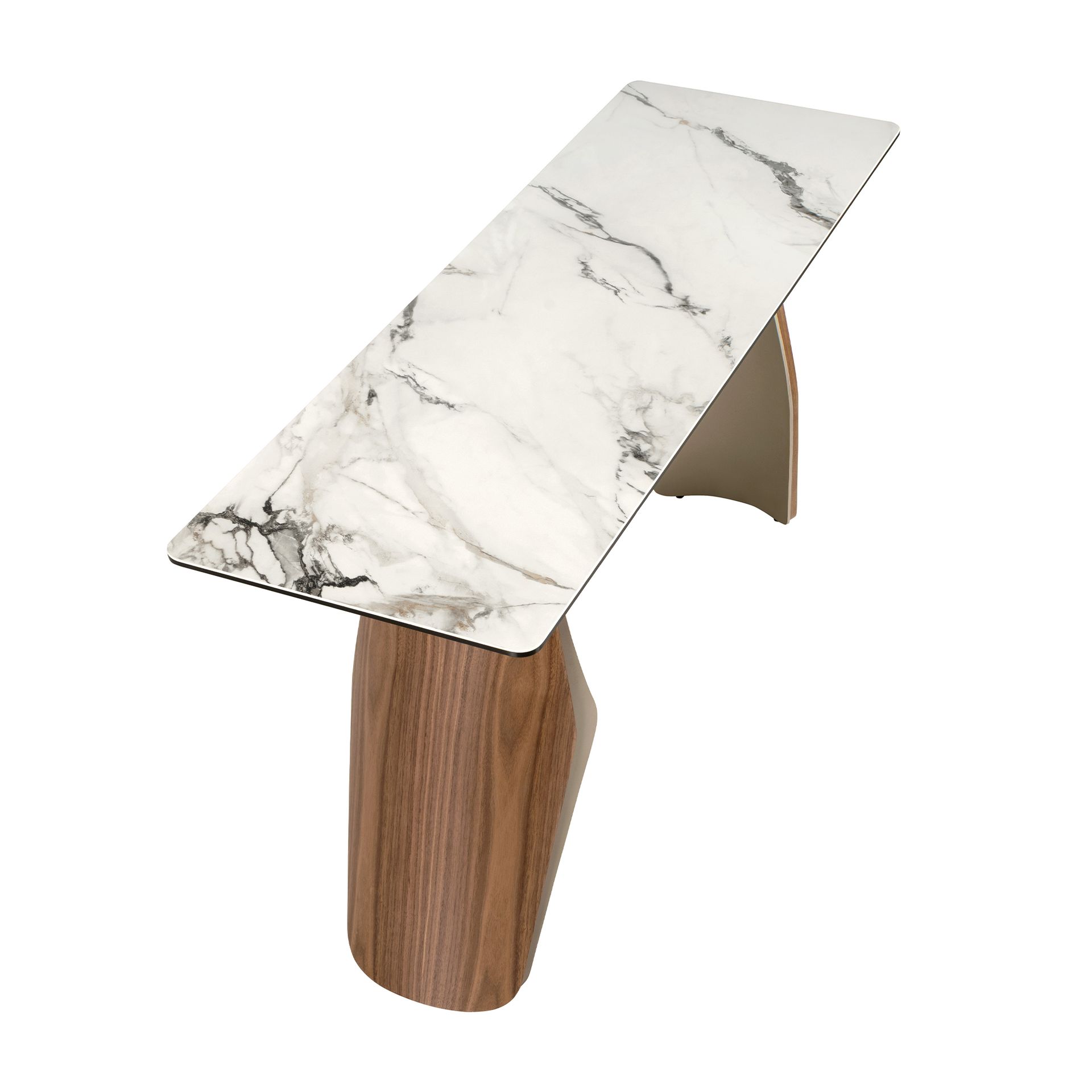 Rectangular console table in porcelain marble, metallic sand steel and walnut