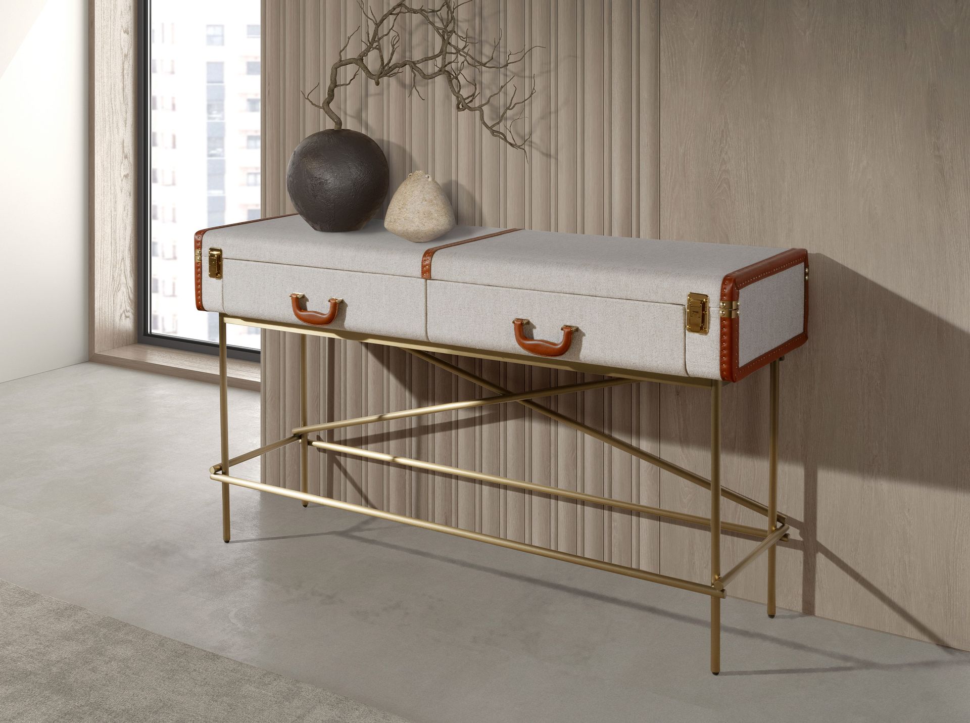 Rectangular console table, fabric, walnut and golden polished steel