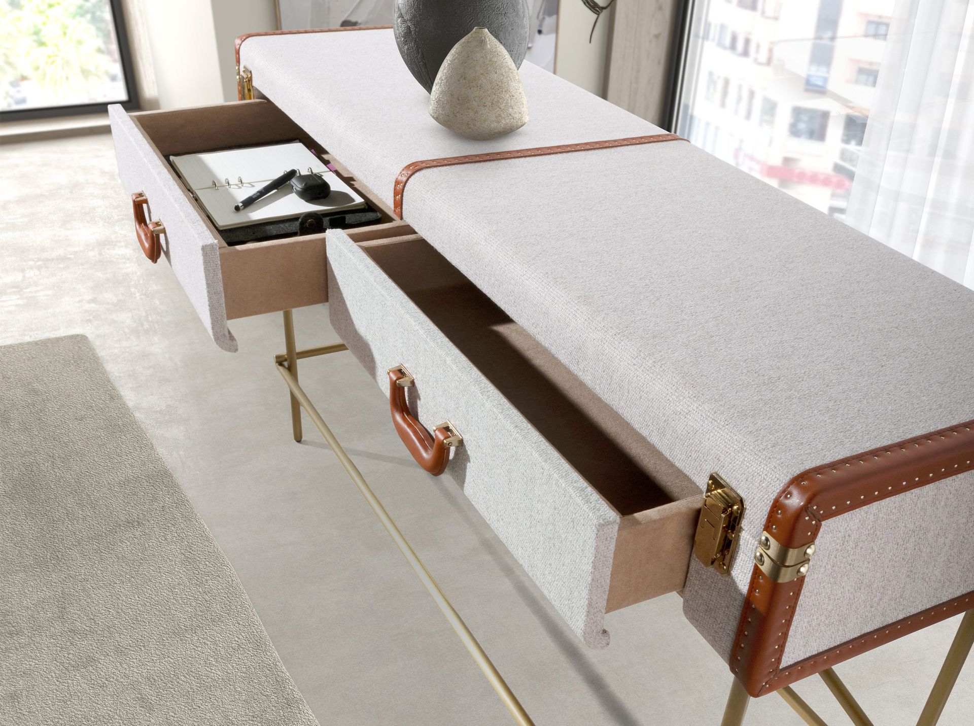 Rectangular console table, fabric, walnut and golden polished steel