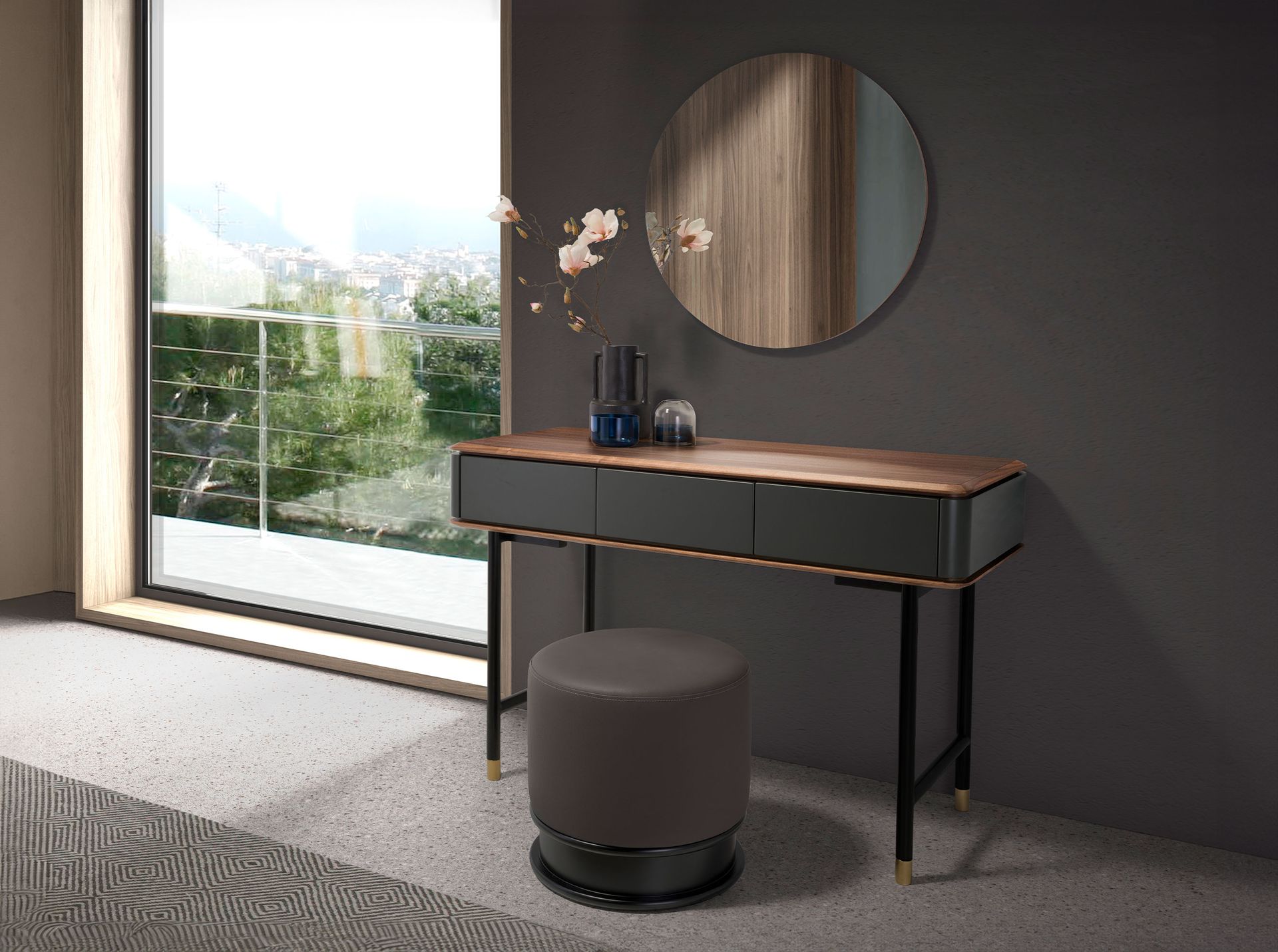 Rectangular console walnut, matt dark grey wood and black steel