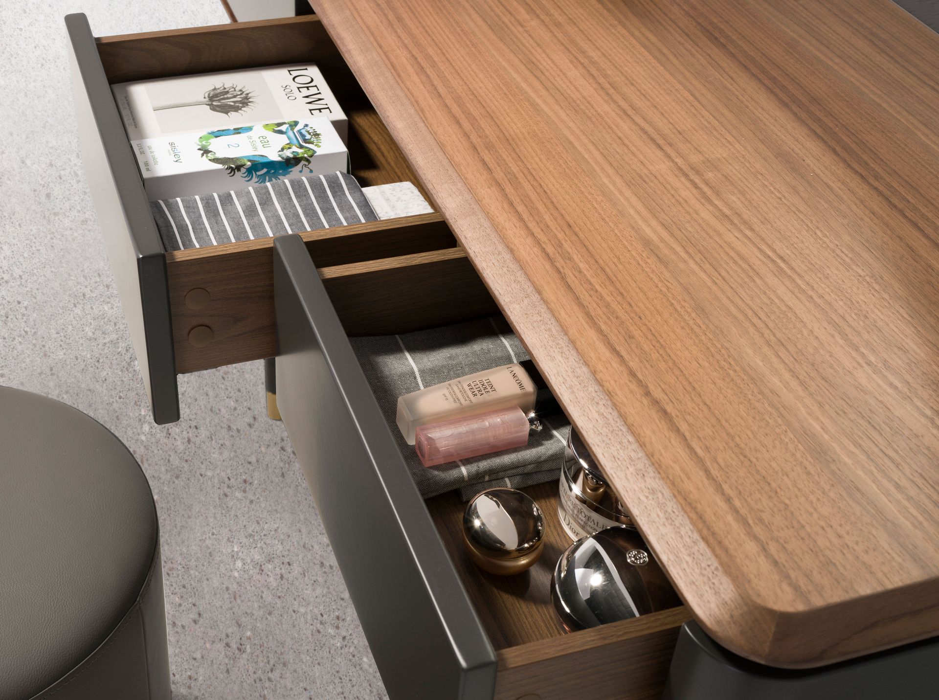 Rectangular console walnut, matt dark grey wood and black steel