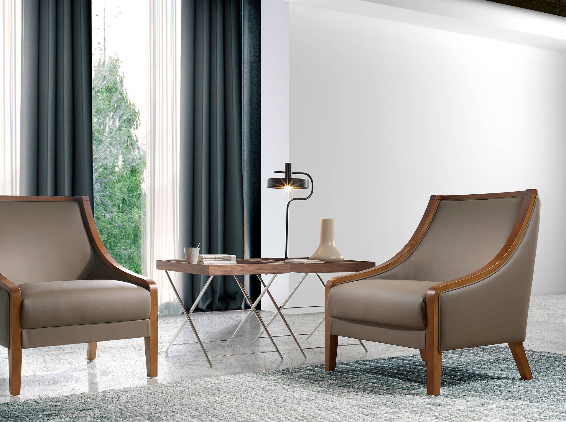 Rectangular corner table walnut and chrome-plated steel