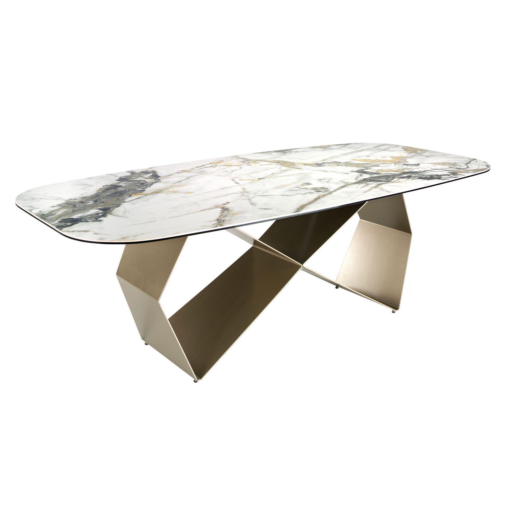 Rectangular dining table in porcelain marble and champagne-coloured steel