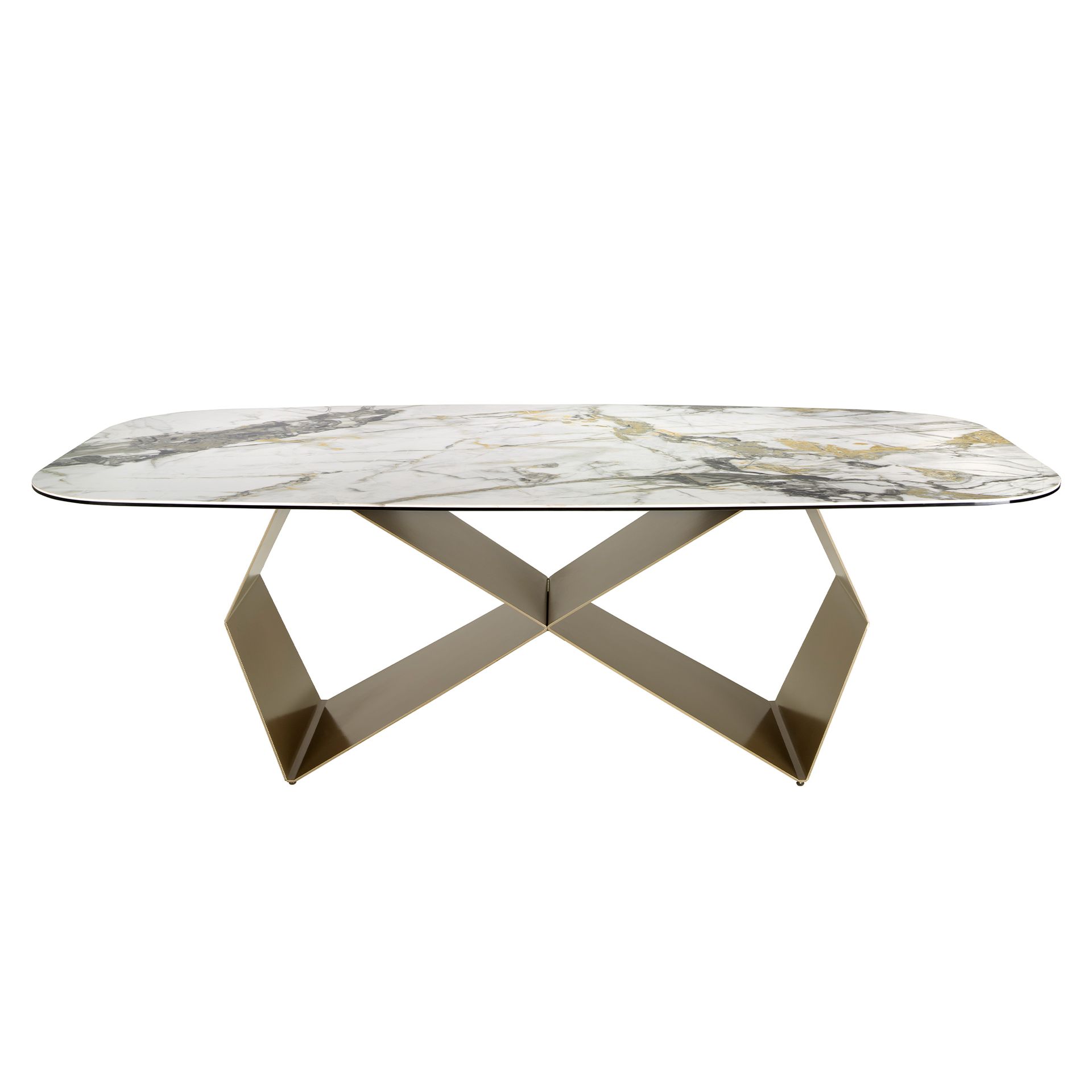 Rectangular dining table in porcelain marble and champagne-coloured steel