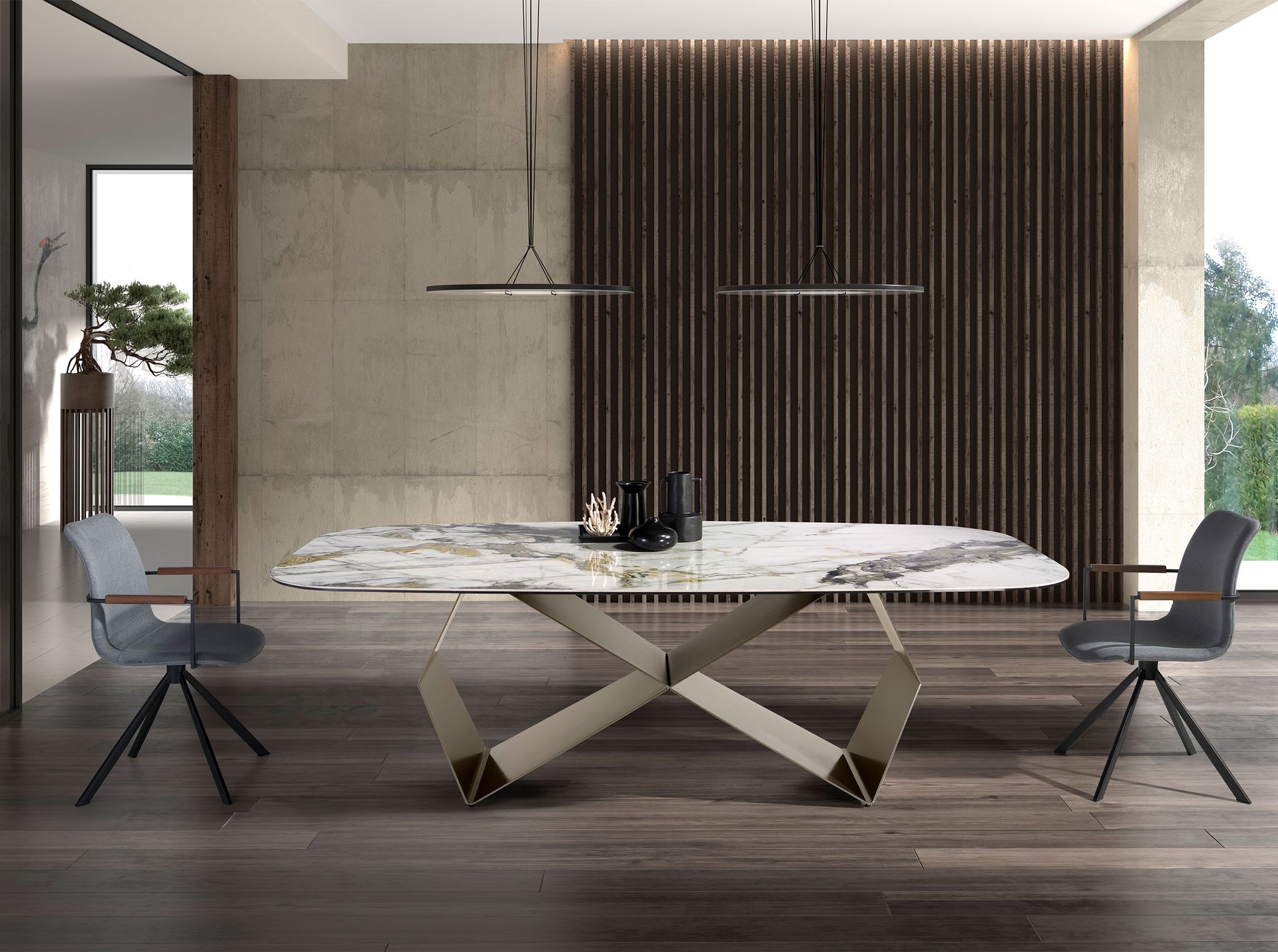 Rectangular dining table in porcelain marble and champagne-coloured steel