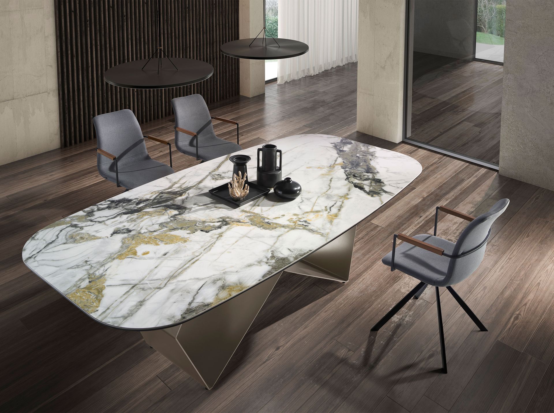 Rectangular dining table in porcelain marble and champagne-coloured steel