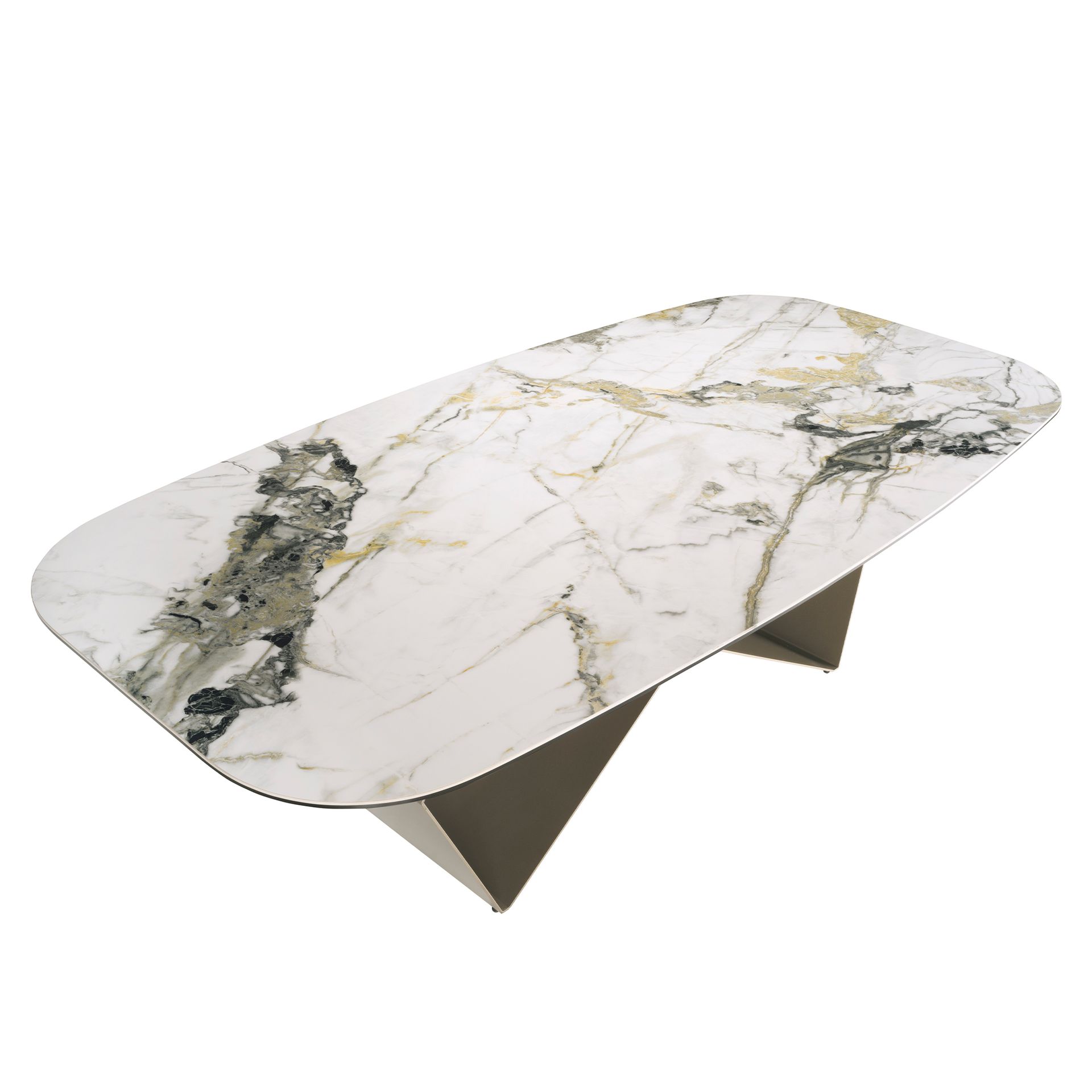 Rectangular dining table in porcelain marble and champagne-coloured steel