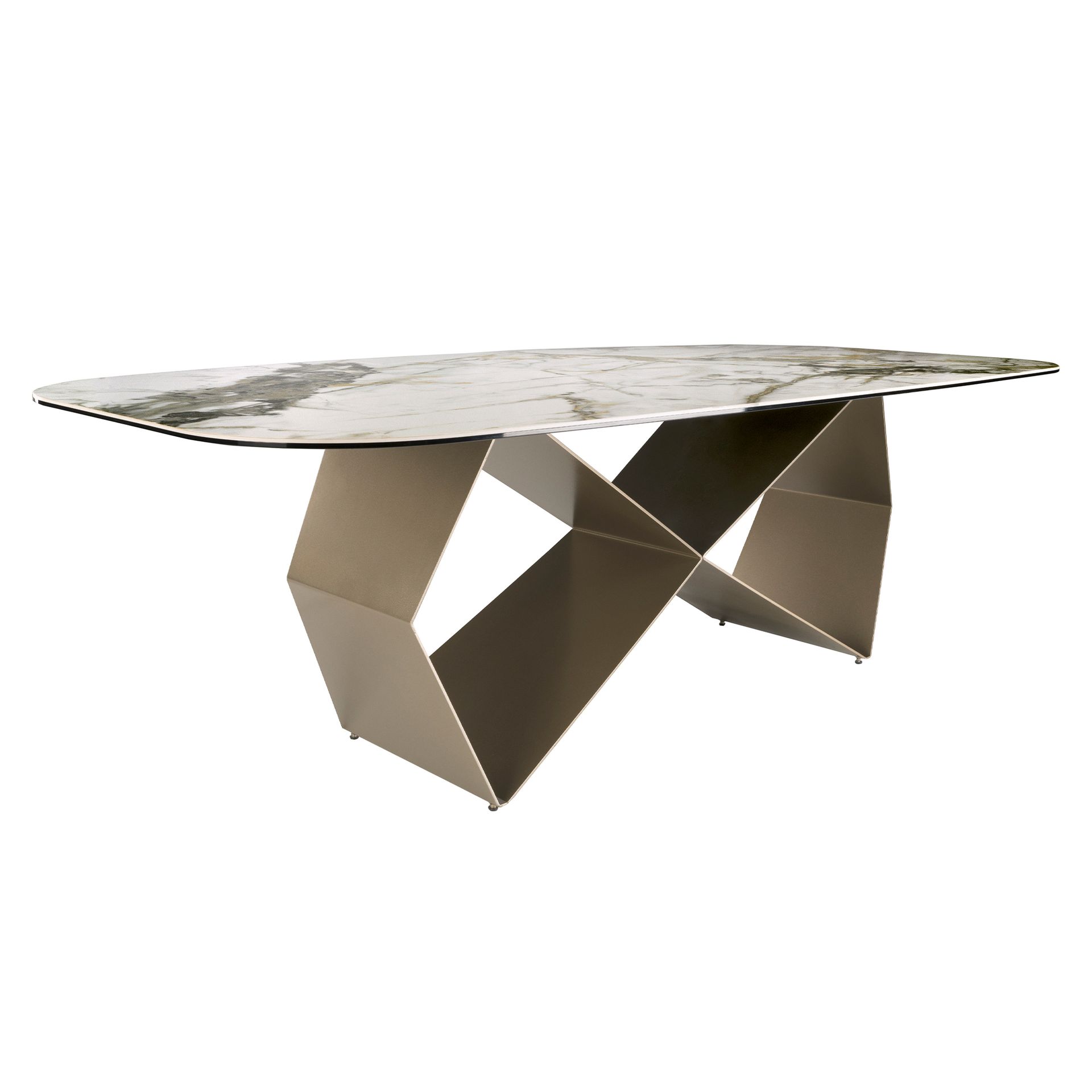 Rectangular dining table in porcelain marble and champagne-coloured steel