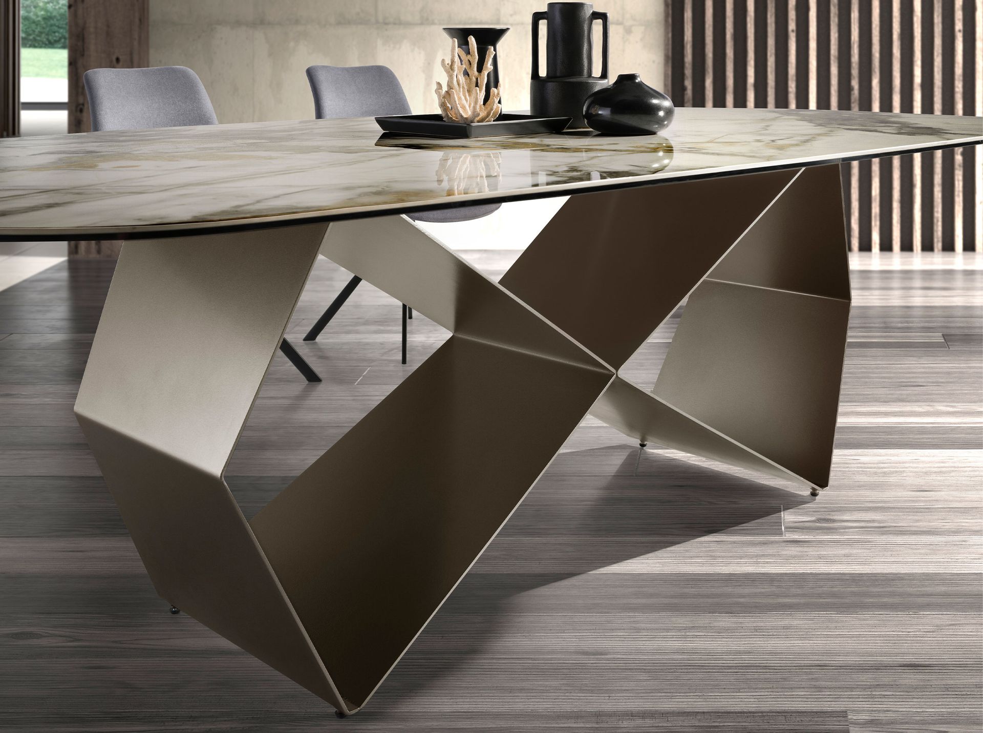 Rectangular dining table in porcelain marble and champagne-coloured steel
