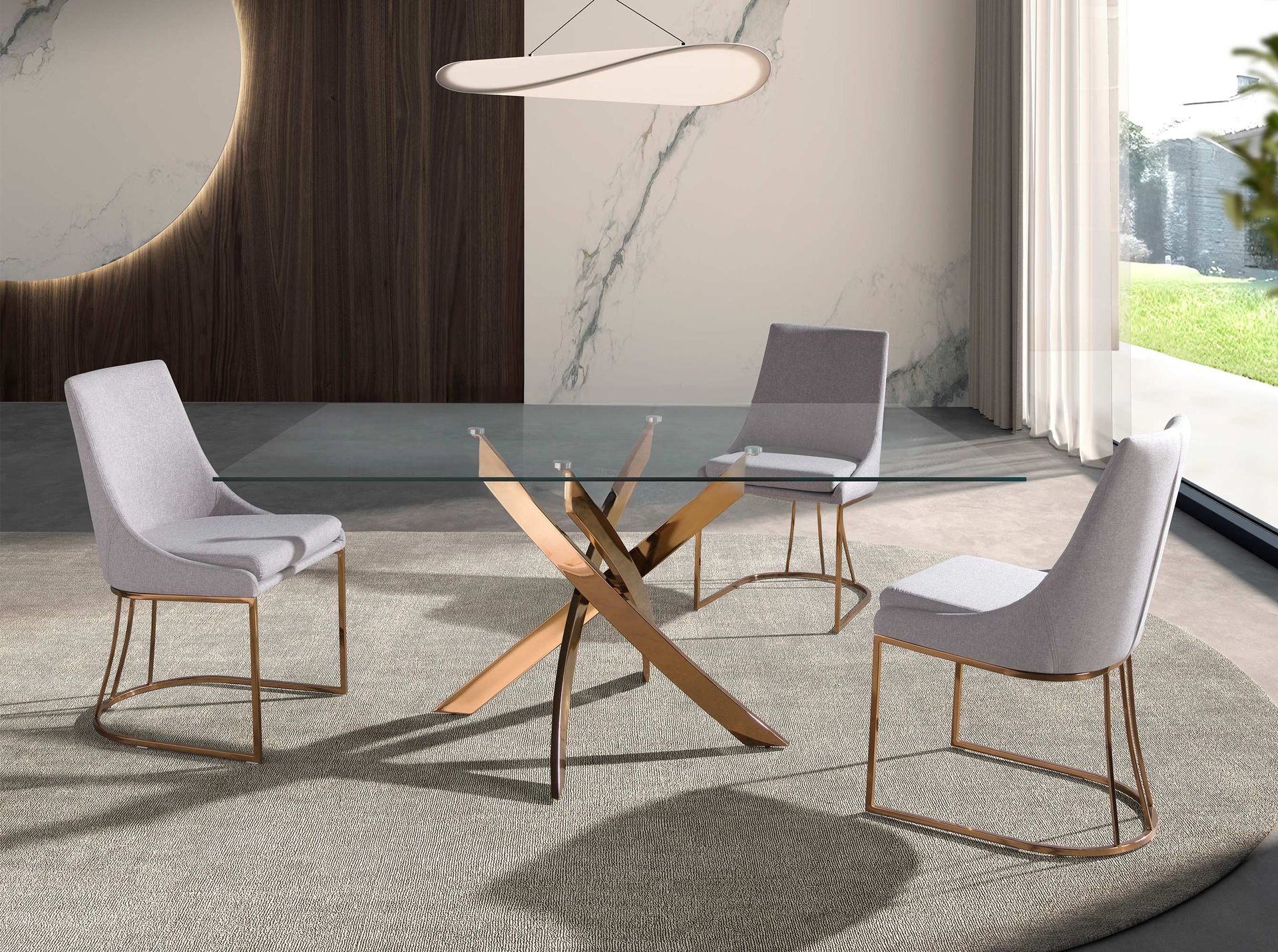 Rectangular dining table in tempered glass and pink steel
