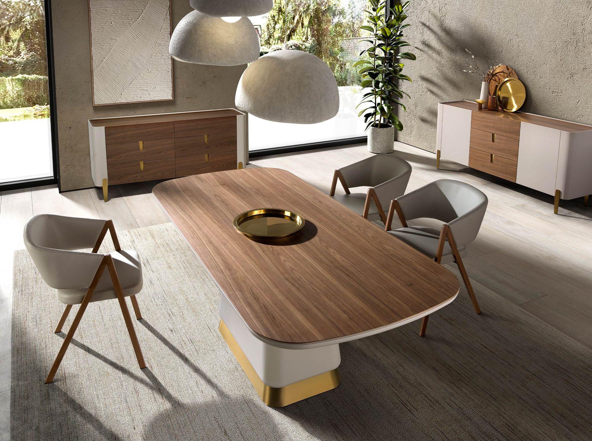 Rectangular dining table in walnut and beige wood