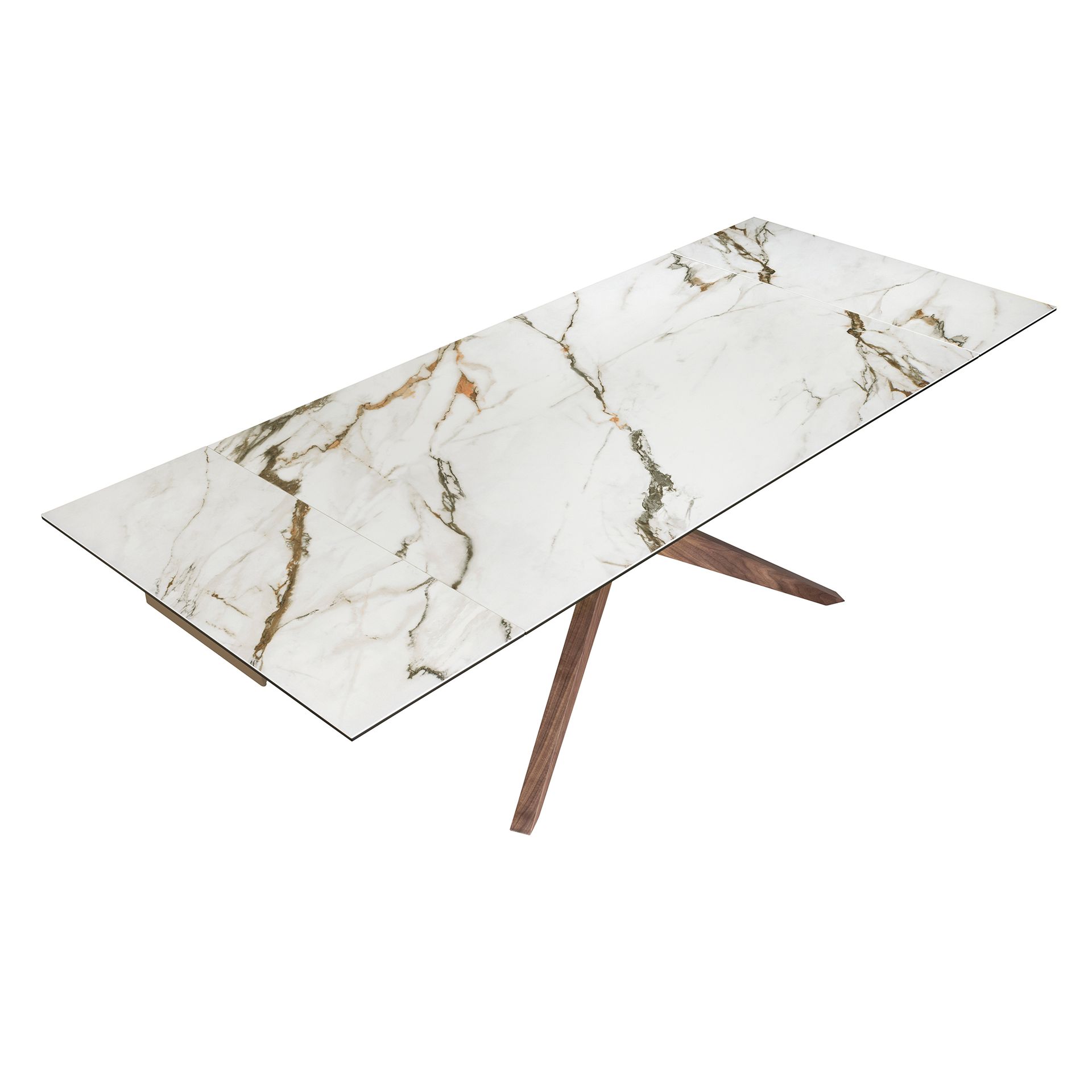 Rectangular extendable dining table in porcelain marble and walnut