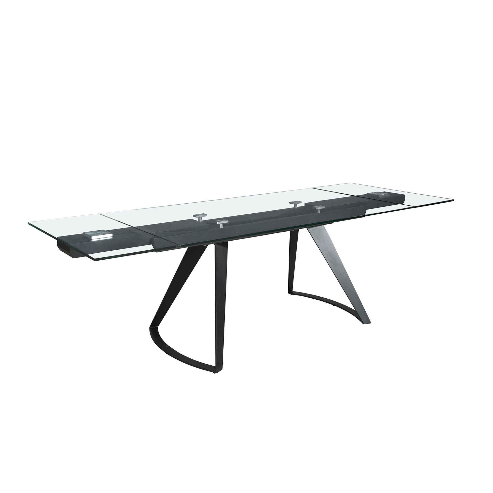 Rectangular extendable dining table in tempered glass and black steel