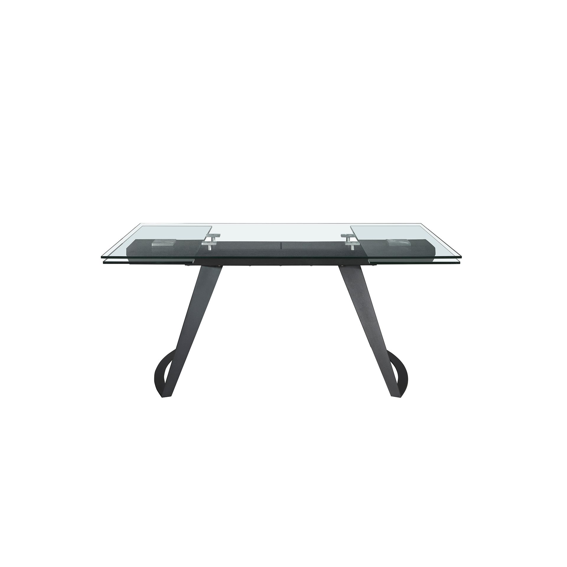 Rectangular extendable dining table in tempered glass and black steel