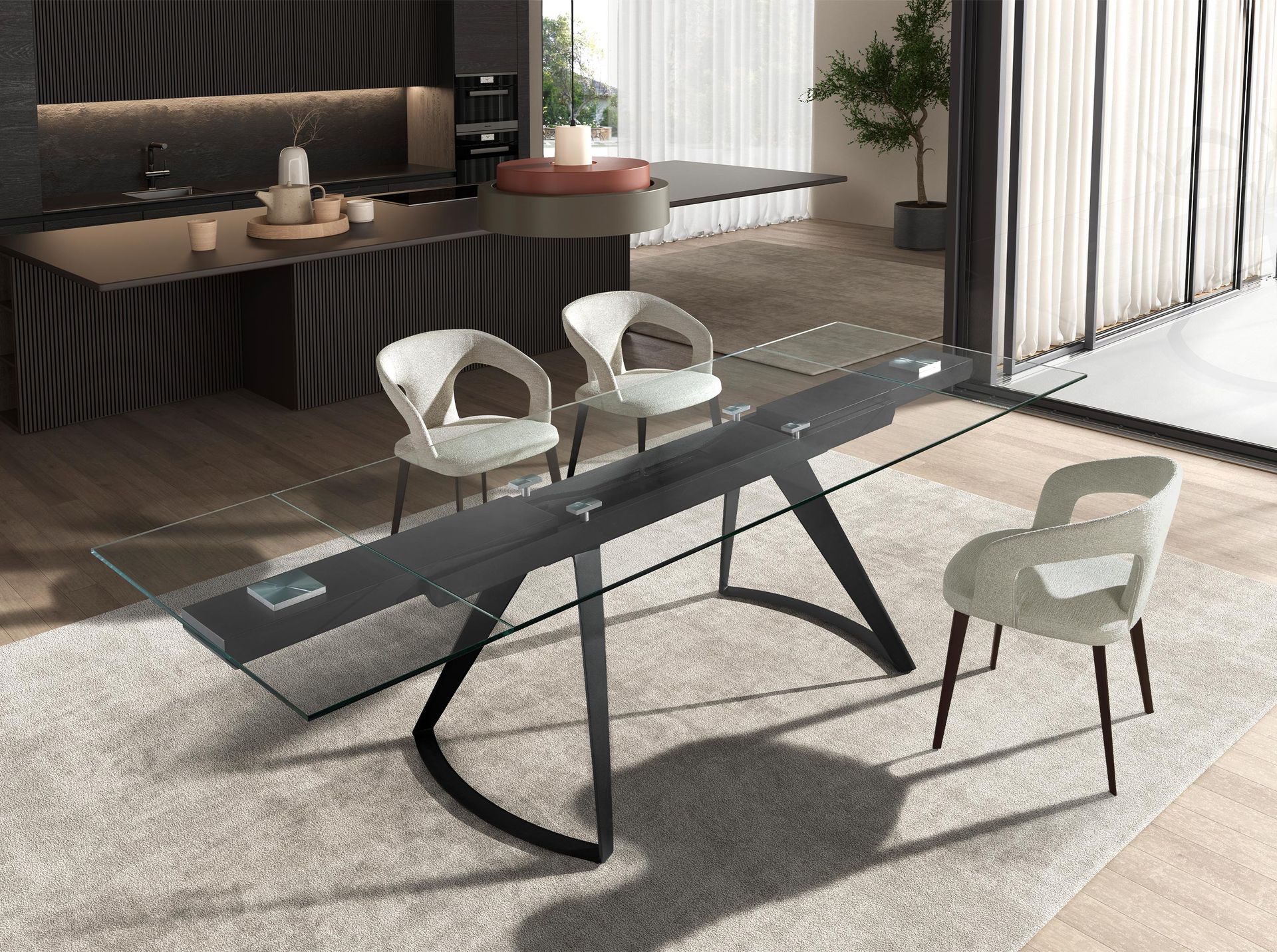 Rectangular extendable dining table in tempered glass and black steel