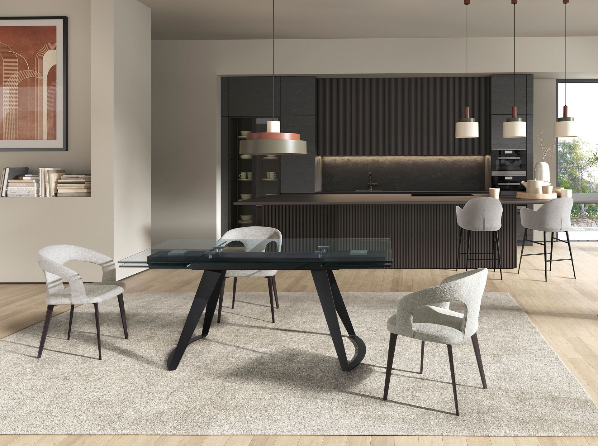 Rectangular extendable dining table in tempered glass and black steel