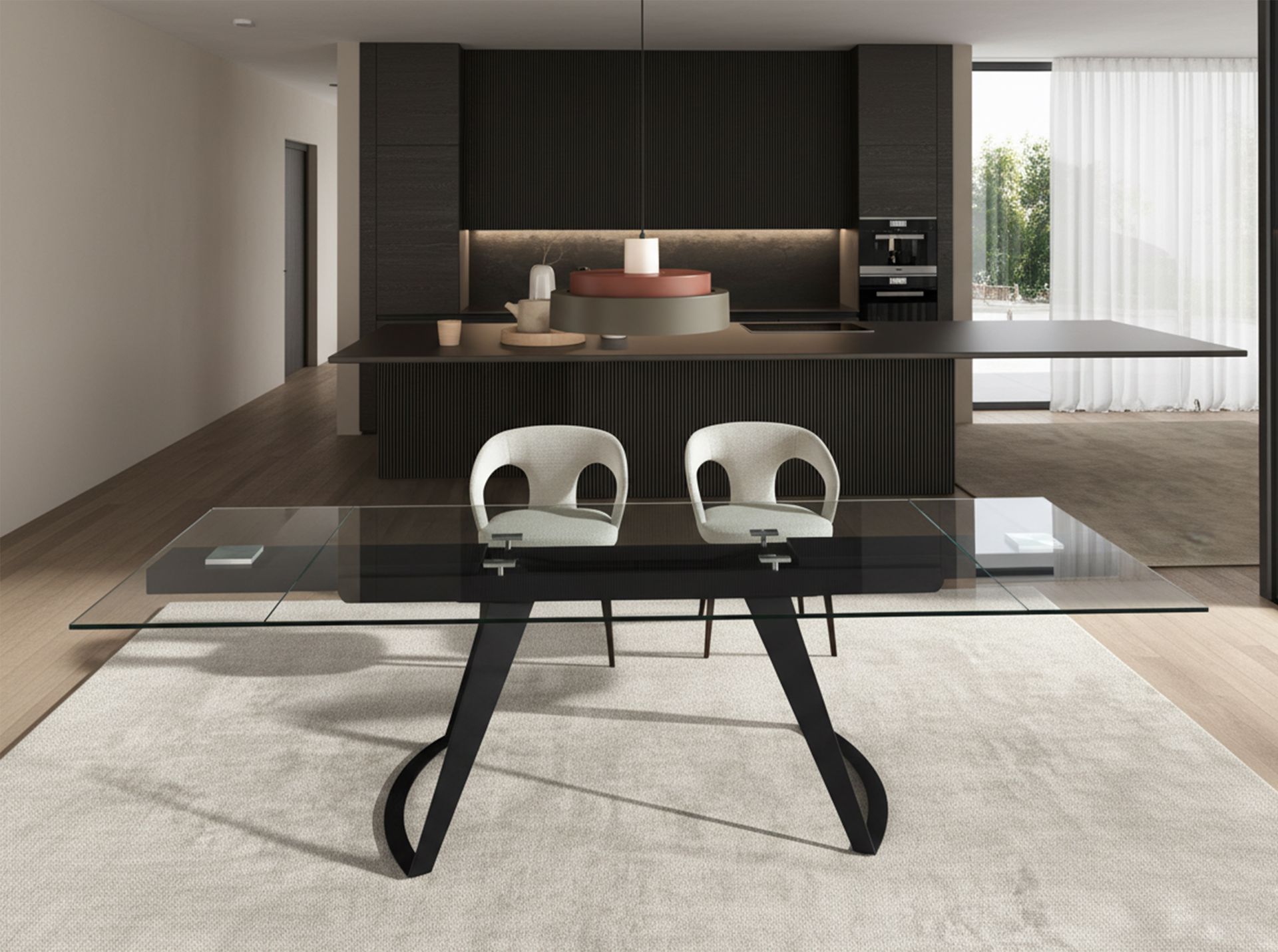 Rectangular extendable dining table in tempered glass and black steel