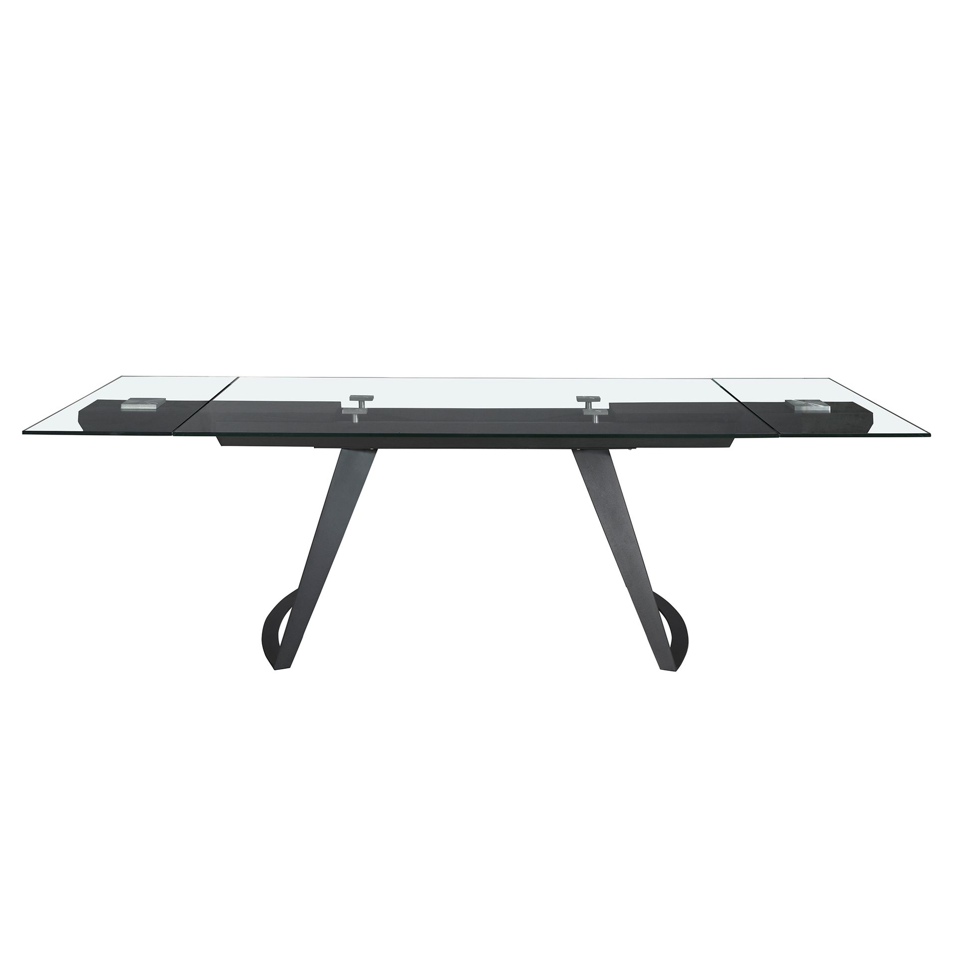 Rectangular extendable dining table in tempered glass and black steel