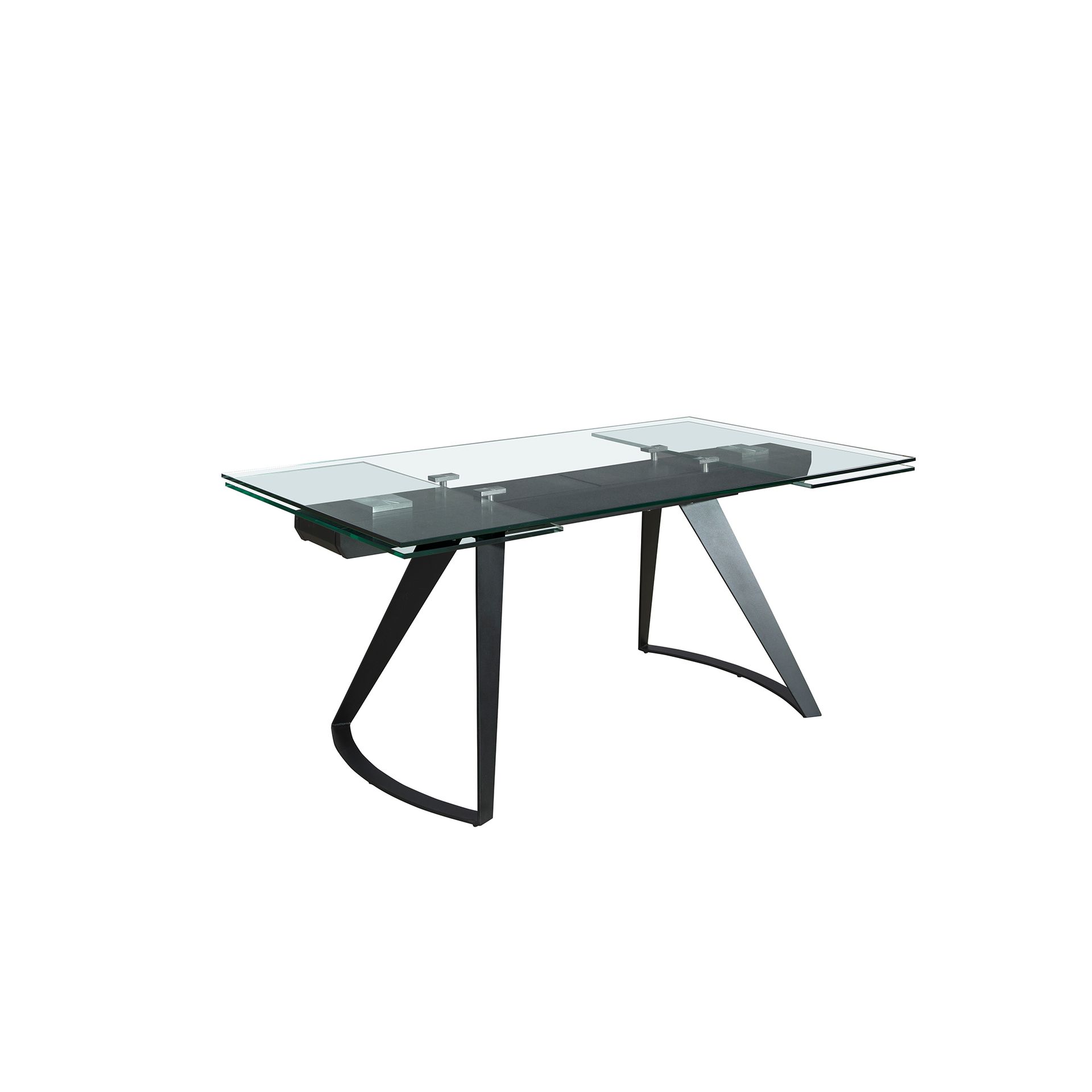 Rectangular extendable dining table in tempered glass and black steel