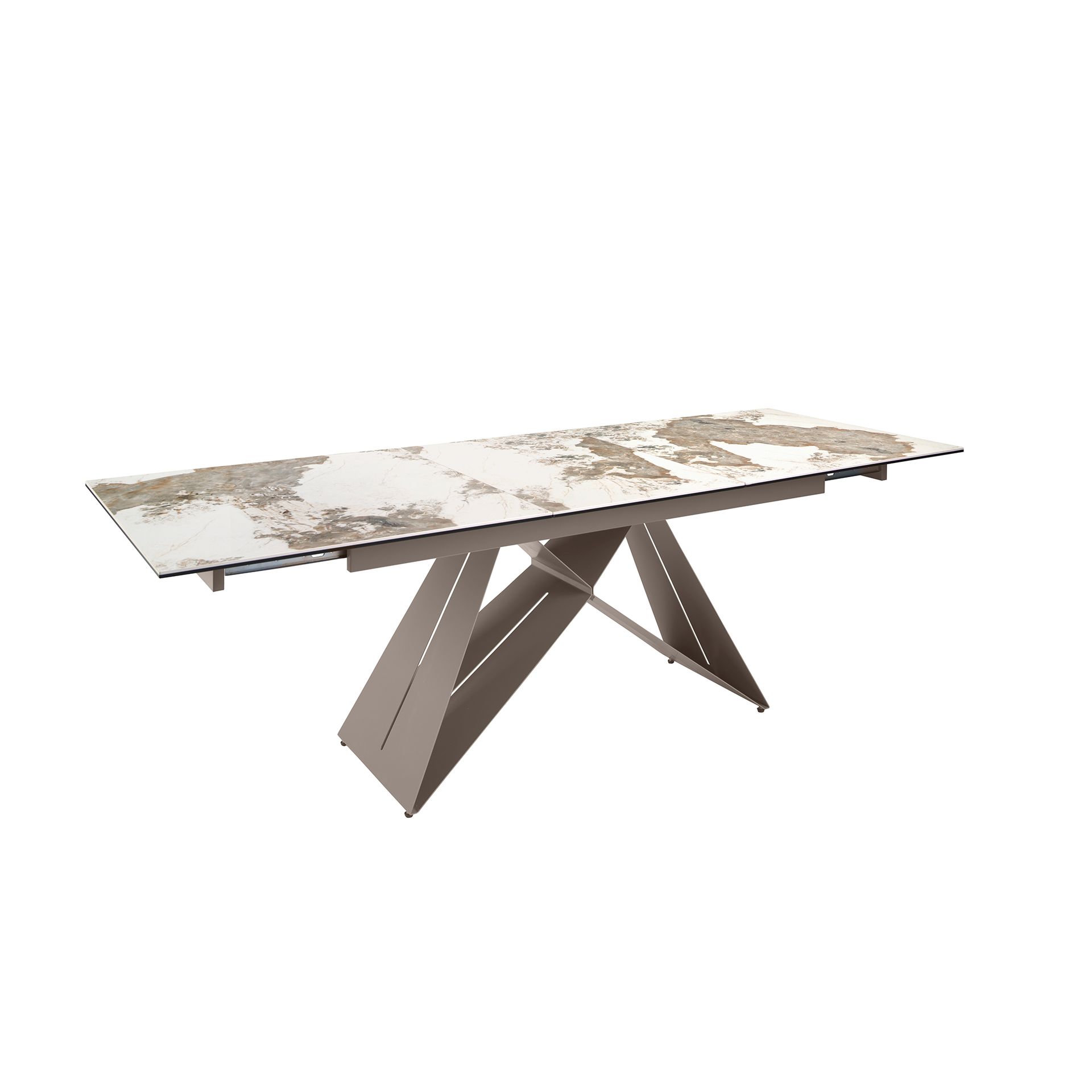 Rectangular extending dining table in porcelain marble and taupe grey steel