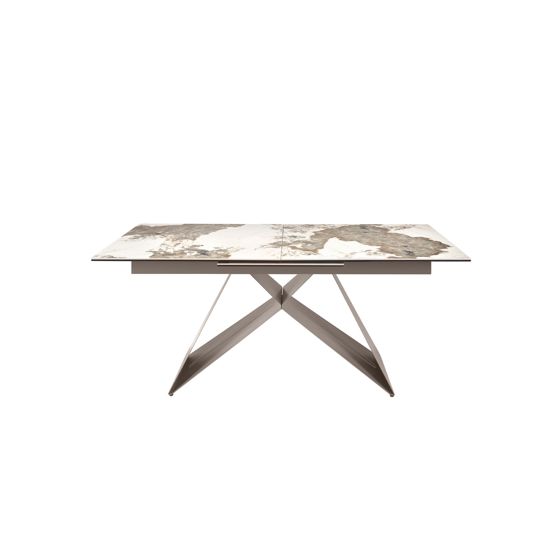 Rectangular extending dining table in porcelain marble and taupe grey steel