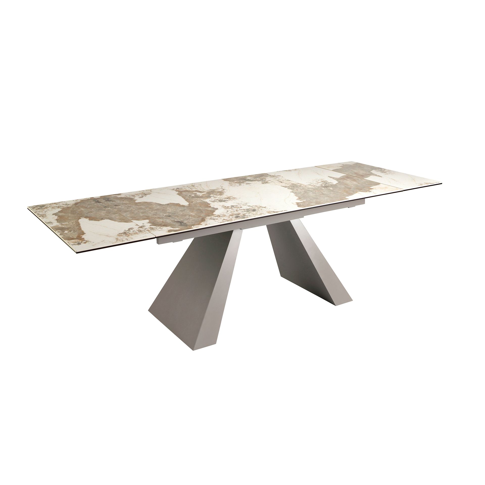 Rectangular extending dining table in porcelain marble and taupe grey steel
