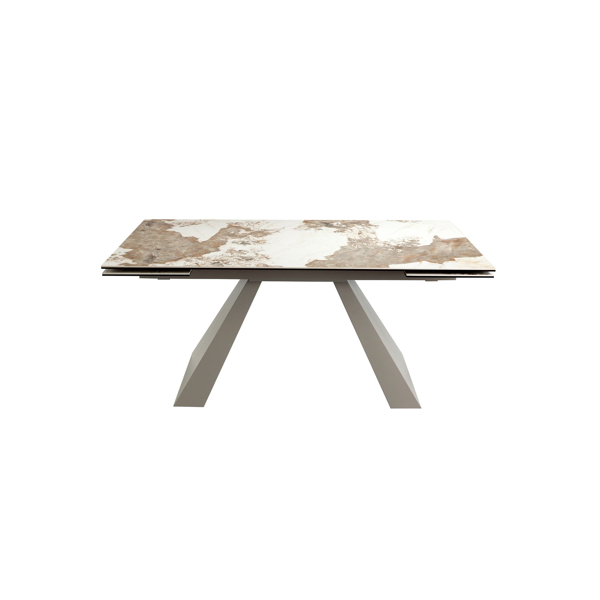 Rectangular extending dining table in porcelain marble and taupe grey steel
