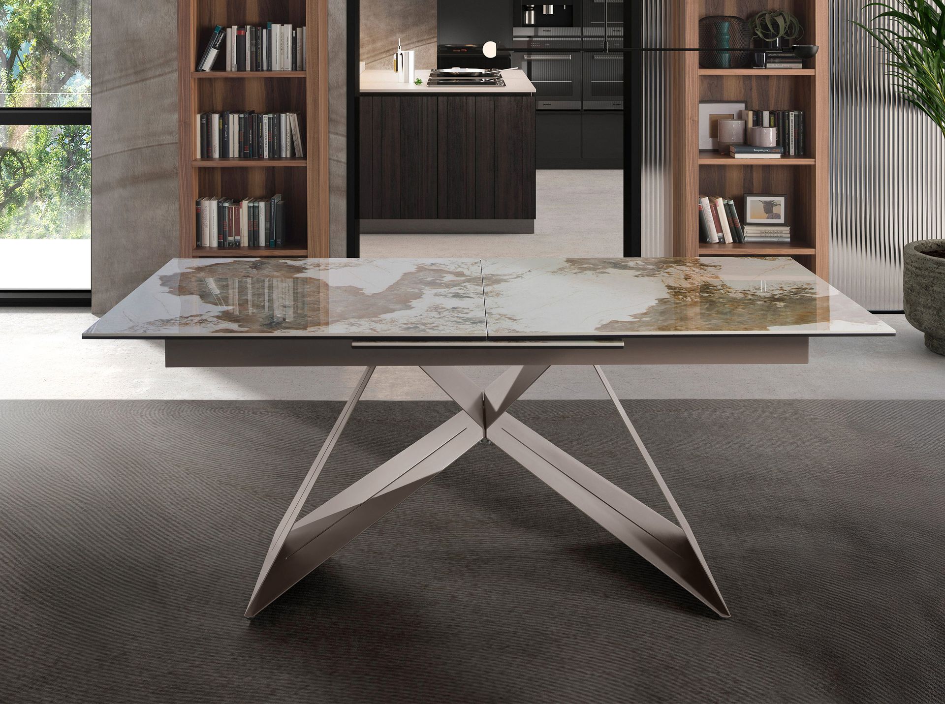 Rectangular extending dining table in porcelain marble and taupe grey steel
